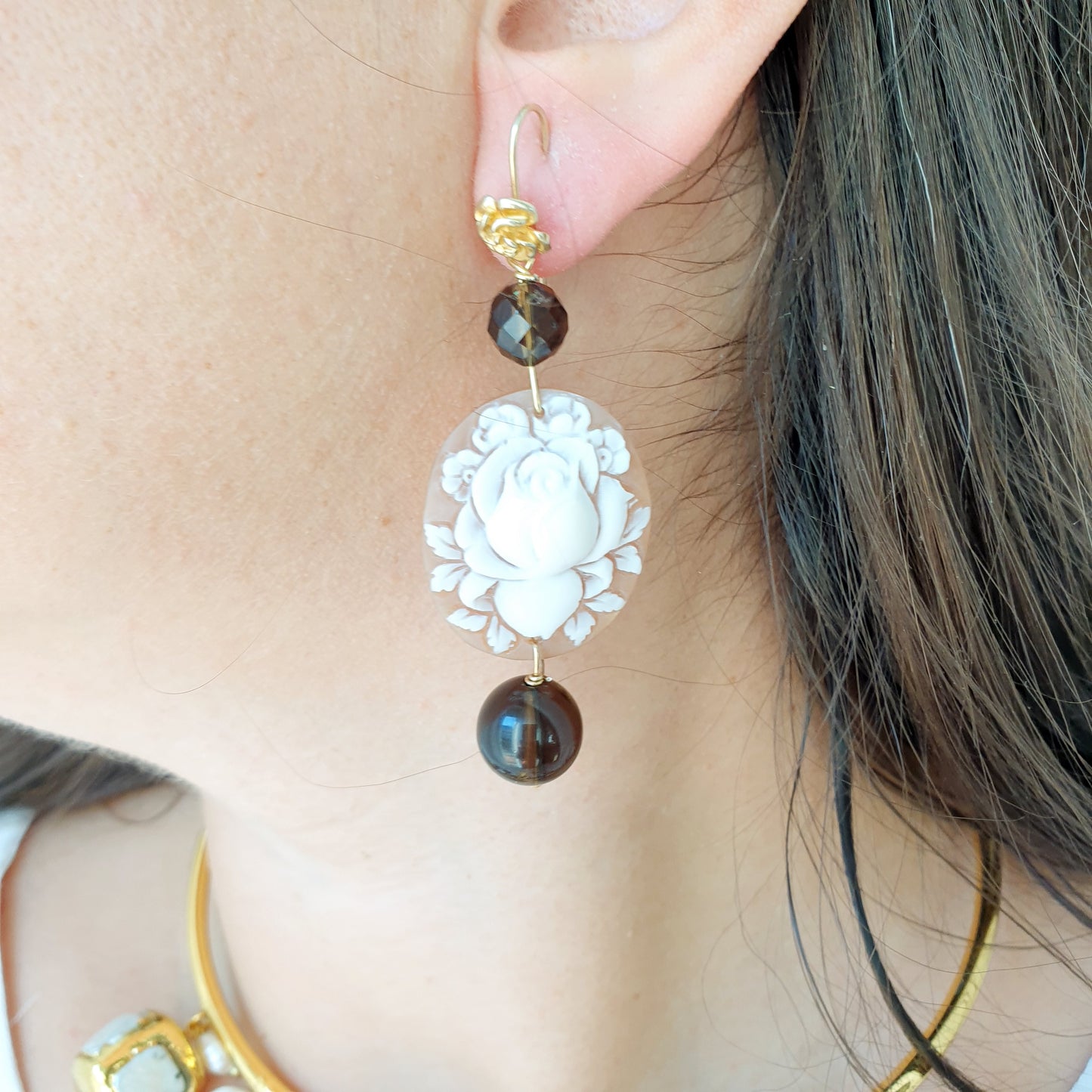 Orecchini in argento con cammei autentici e quarzo fumo