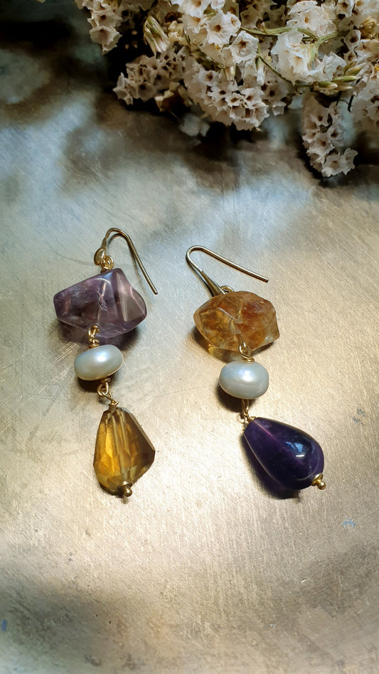 Orecchini in argento con Ametiste, citrino, perle