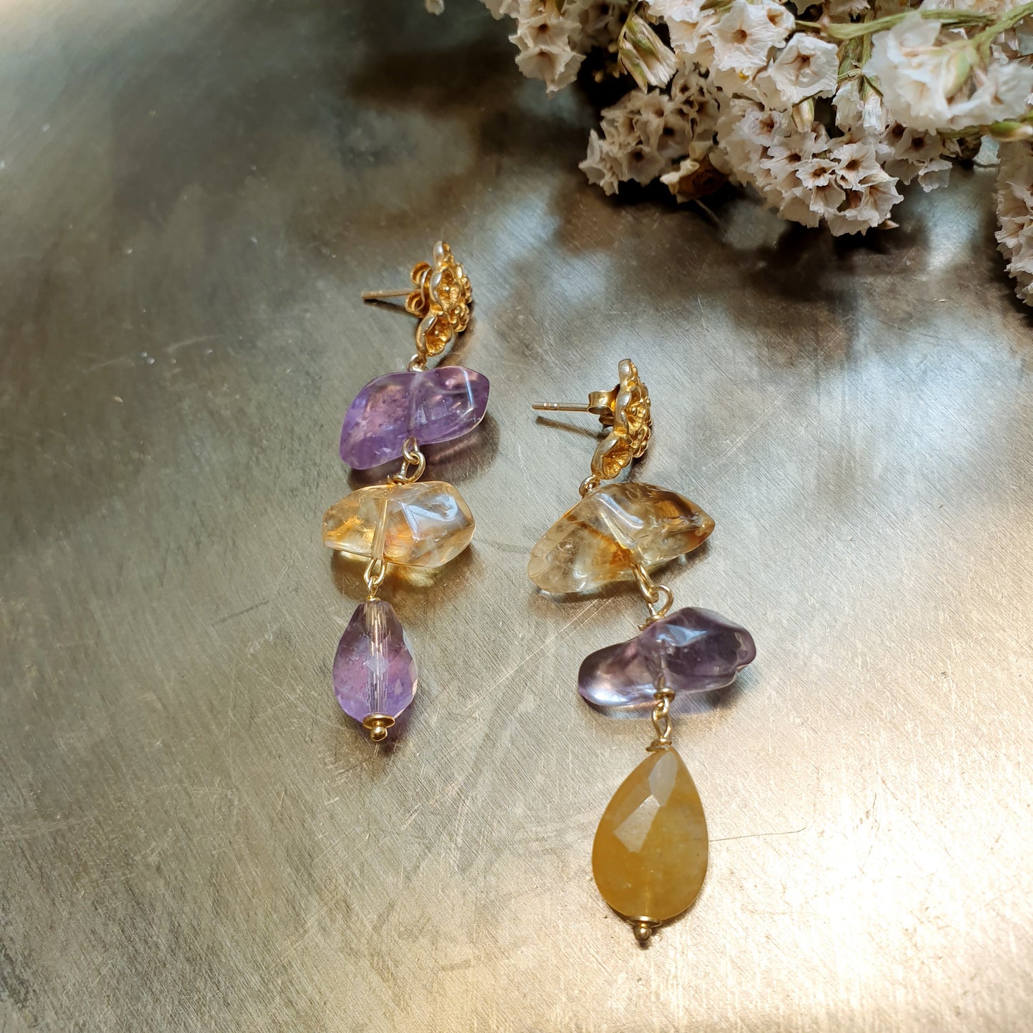 Orecchini in argento con ametista e quarzo citrino