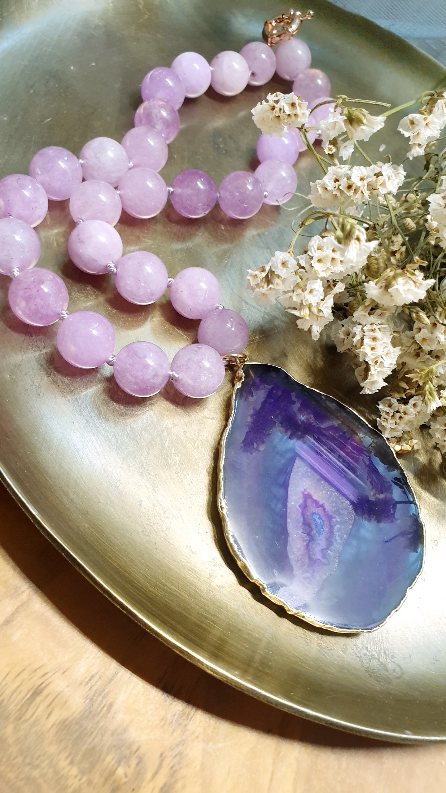 Girocollo in quarzo con grande drusa di agata