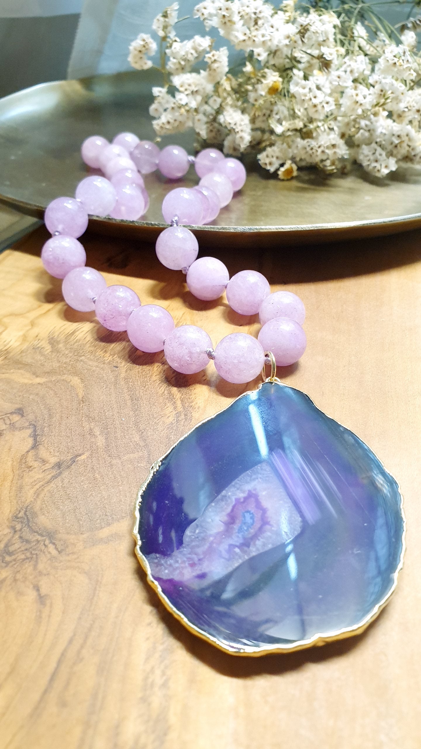 Girocollo in quarzo con grande drusa di agata