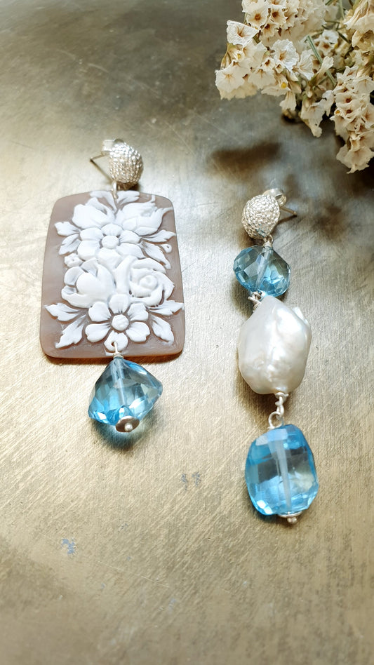 Bellissimi orecchini in argento con cammeo originale, perla e ossidiana