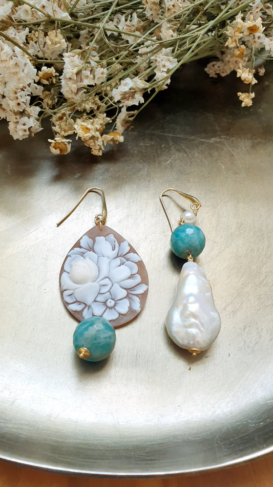 Orecchini in argento con cammeo, perla, amazzonite