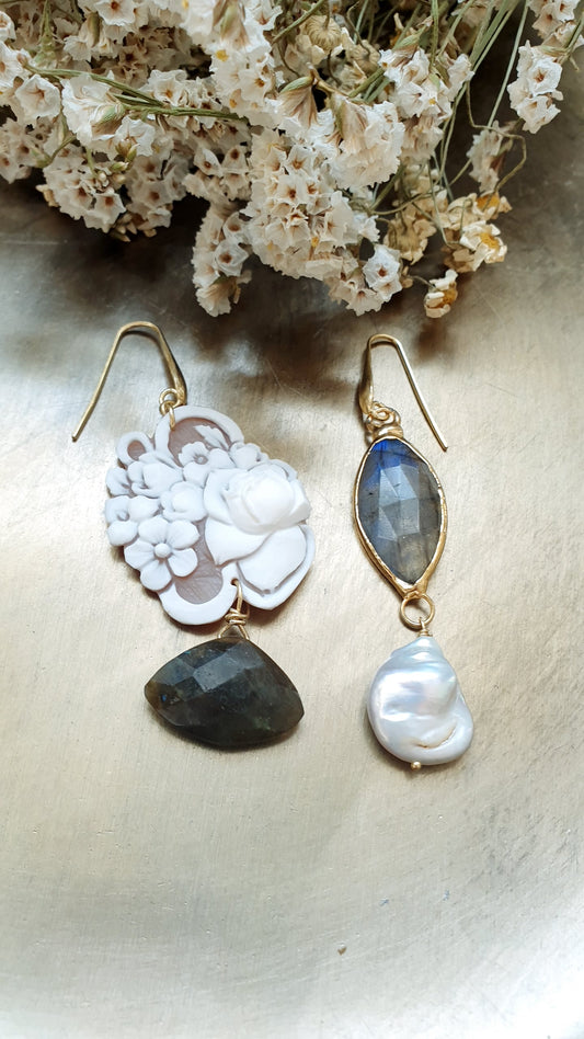 Orecchini in argento com cammeo, labradorite perla.