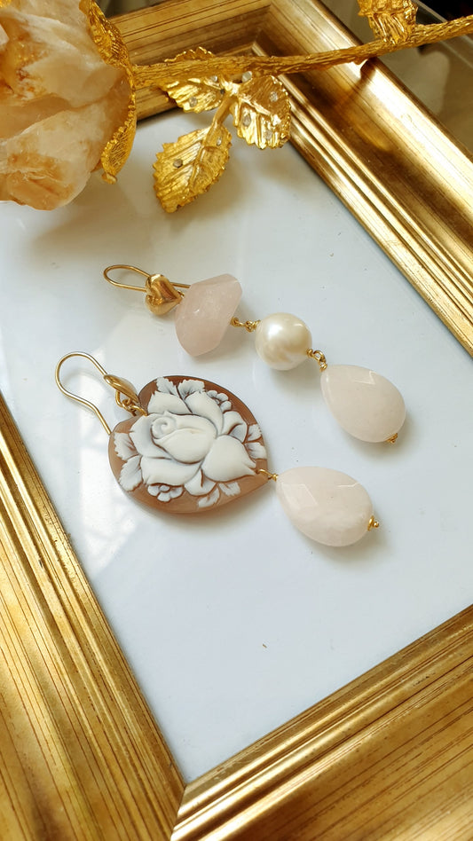 Orecchini in argento con cammeo, quarzo rosa, perla barocca