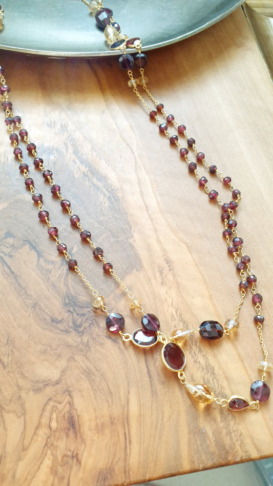 Lunga collana in argento con granato e citrino