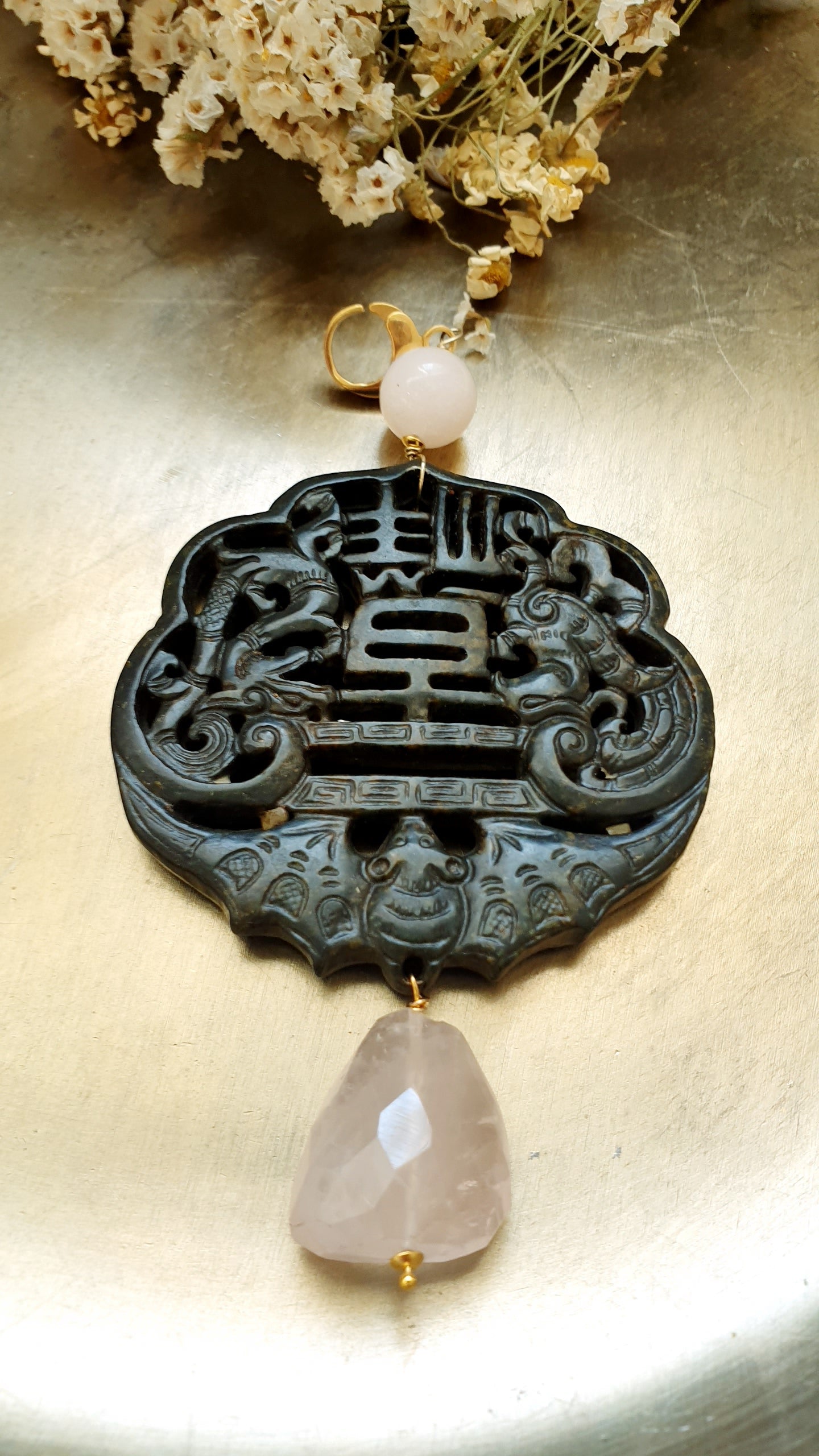 Ciondolo mala con giada e quarzo rosa