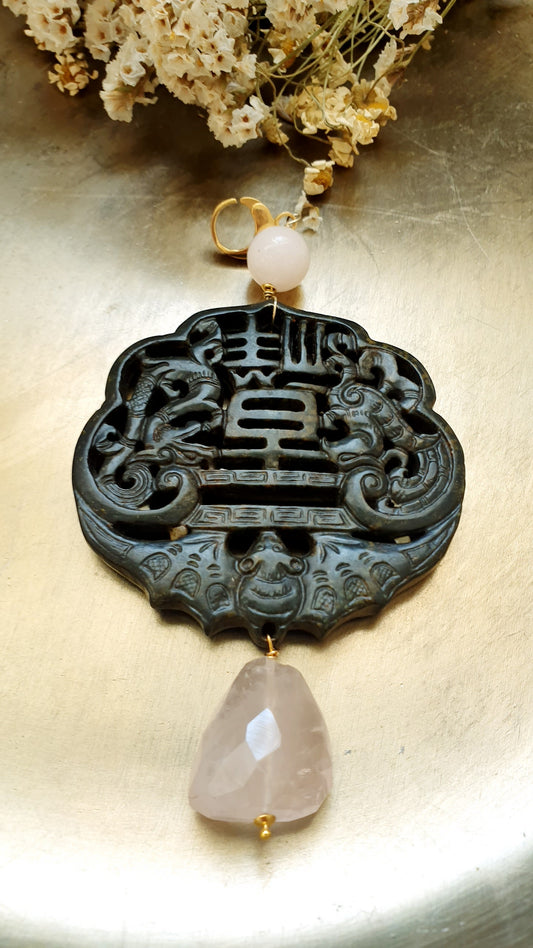 Ciondolo mala con giada e quarzo rosa