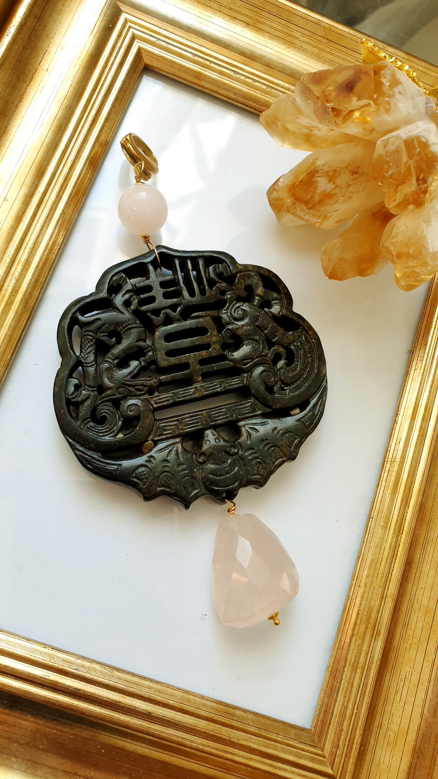 Ciondolo mala con giada e quarzo rosa