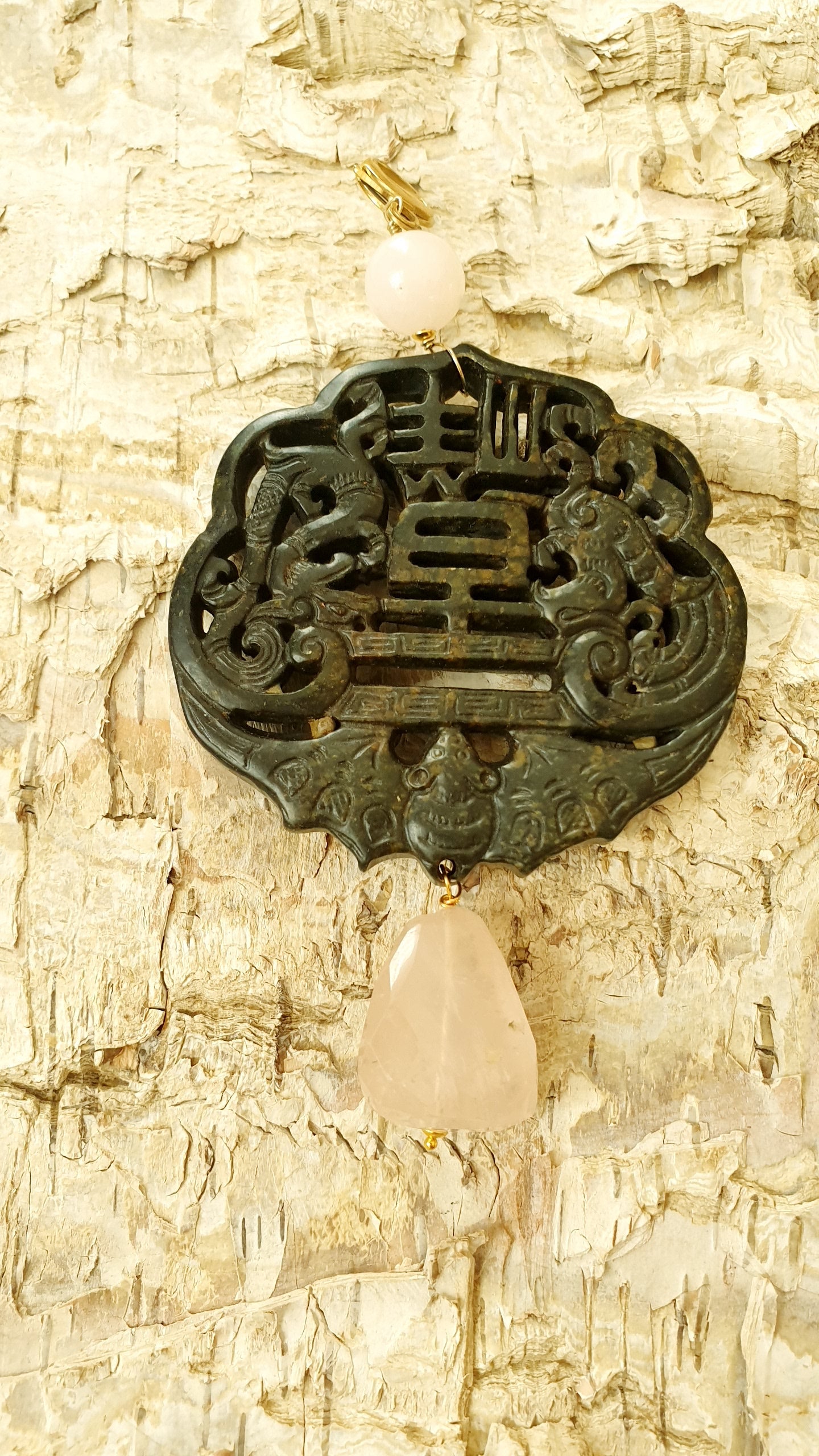 Ciondolo mala con giada e quarzo rosa