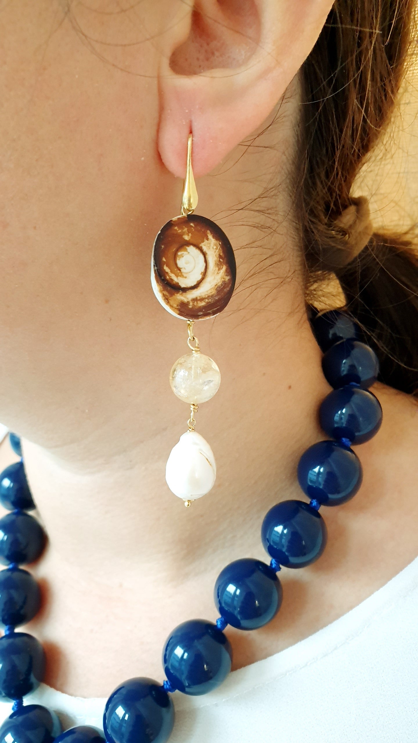 Orecchini in argento con agat, occhio di S Lucia, quarzo citrino, perle barocche