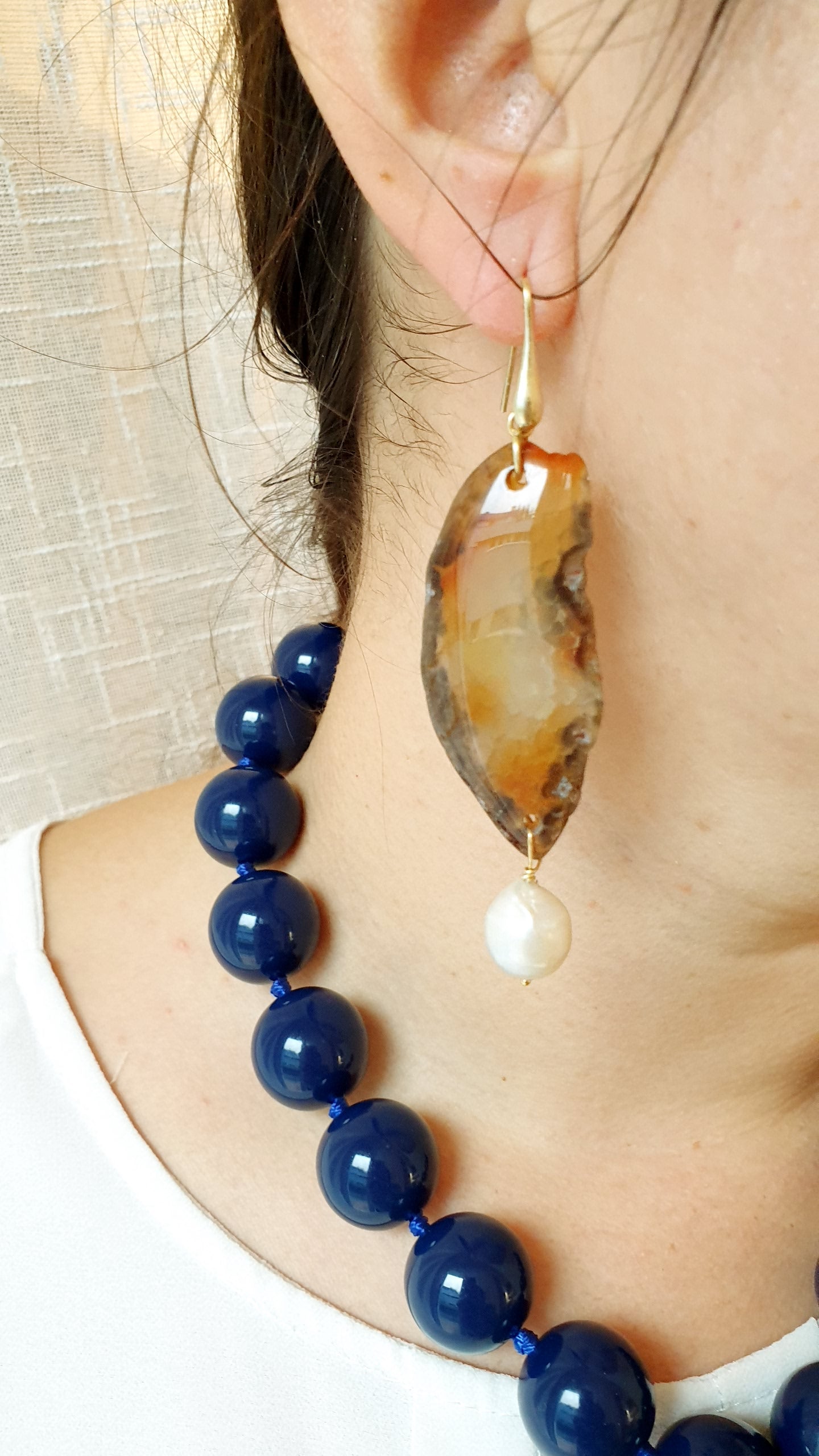 Orecchini in argento con agat, occhio di S Lucia, quarzo citrino, perle barocche