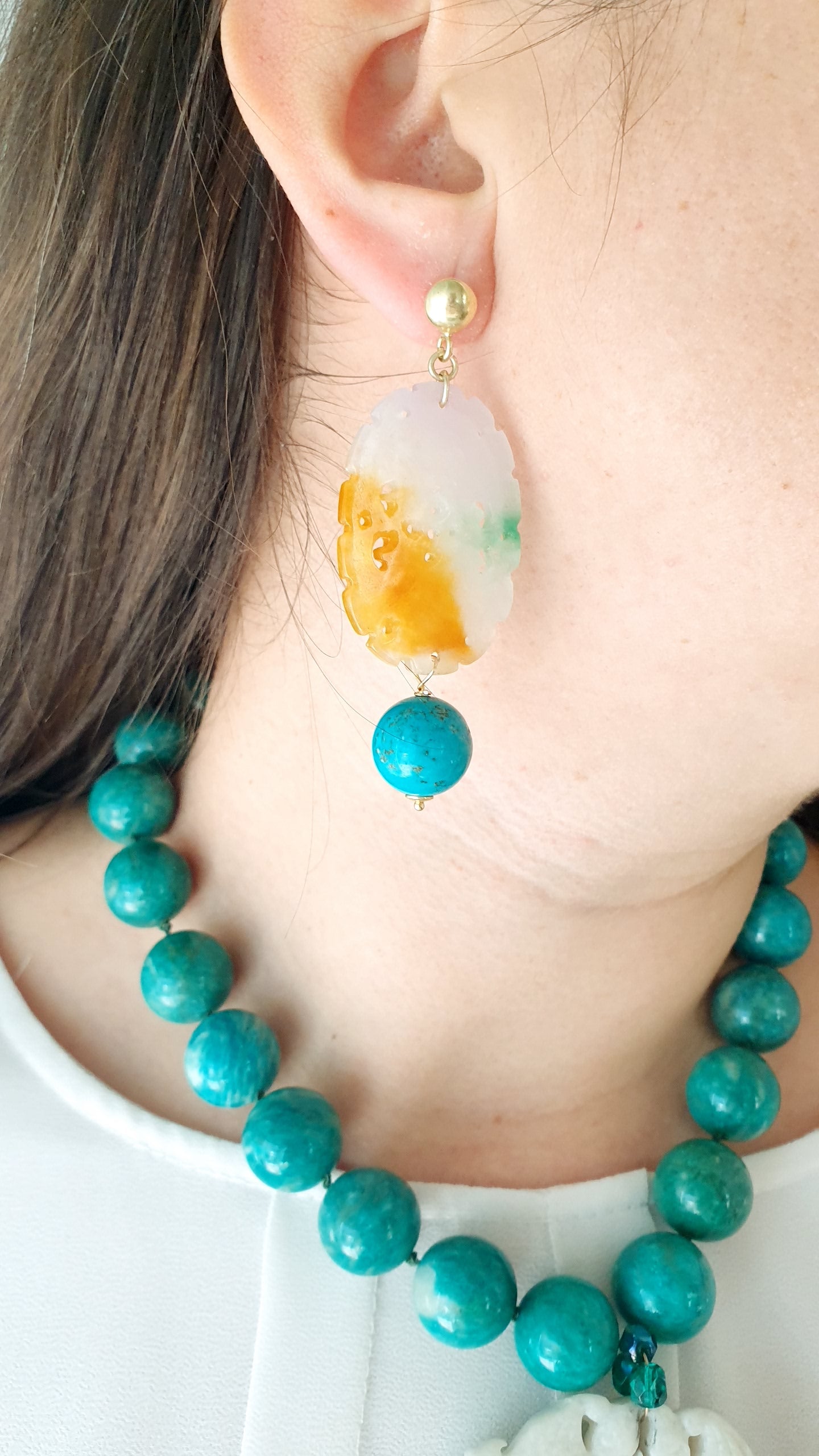 Orecchini in argento con ambra, giada, amazzonite.