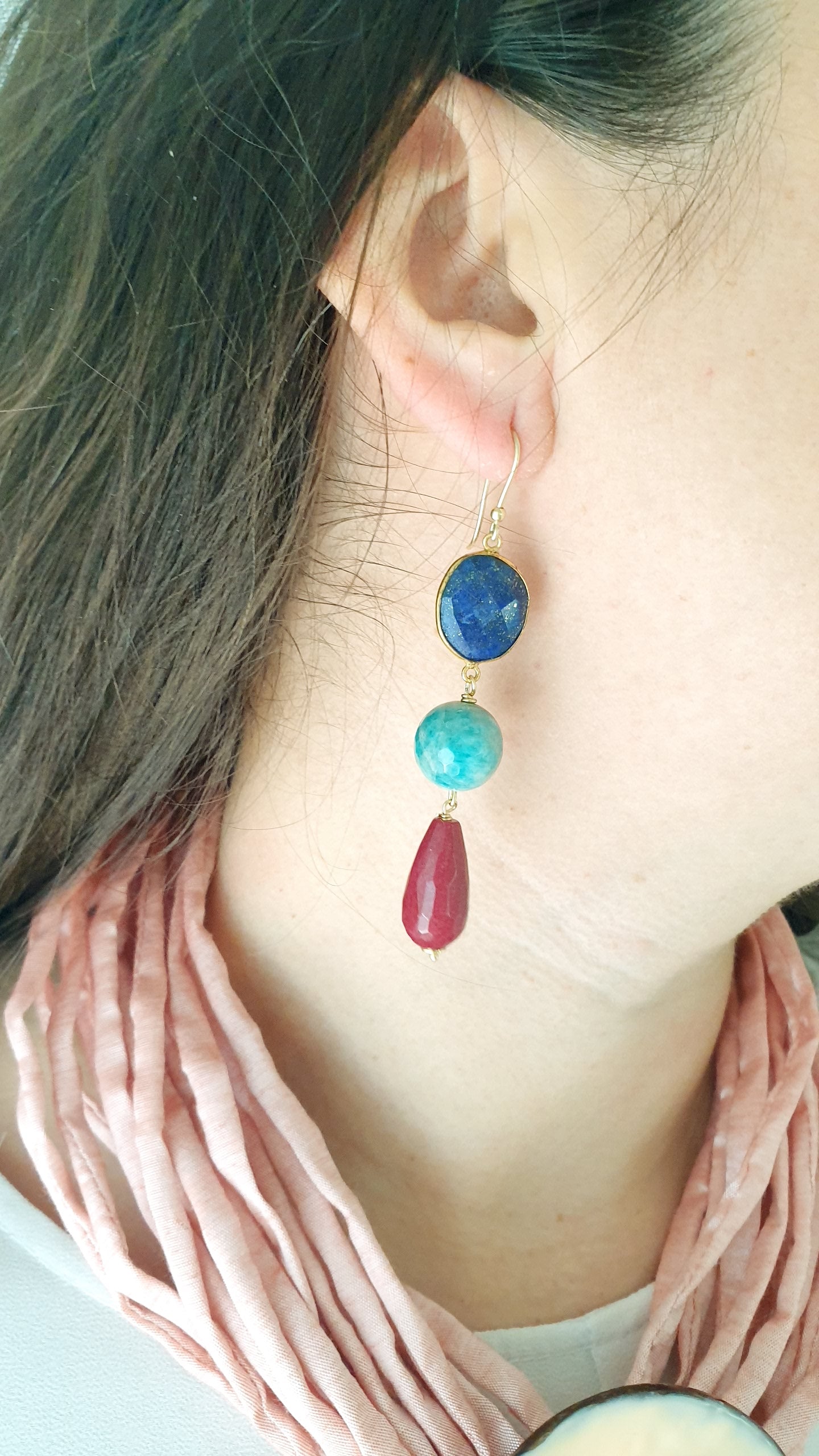 Orecchini  in argento con giada, lapilazzuli, amazzonite.