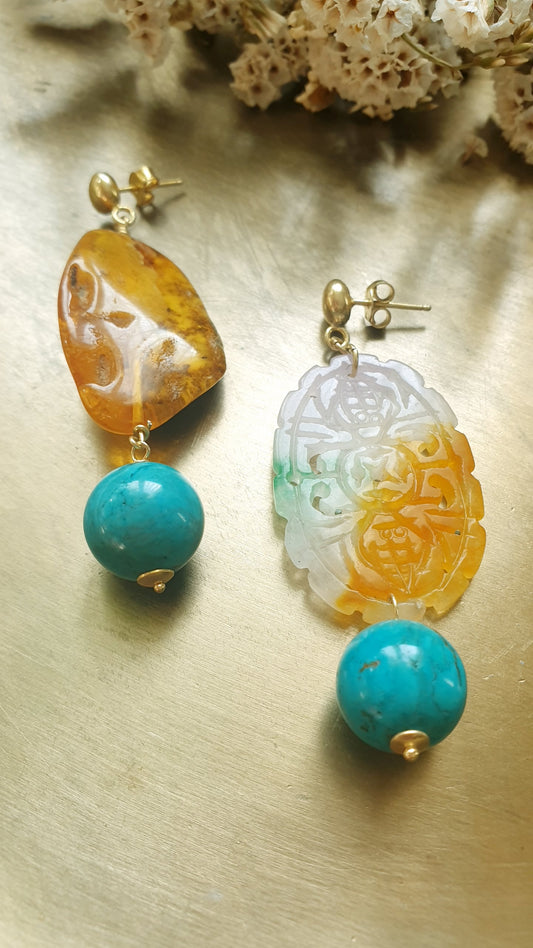 Orecchini in argento con ambra, giada, amazzonite.