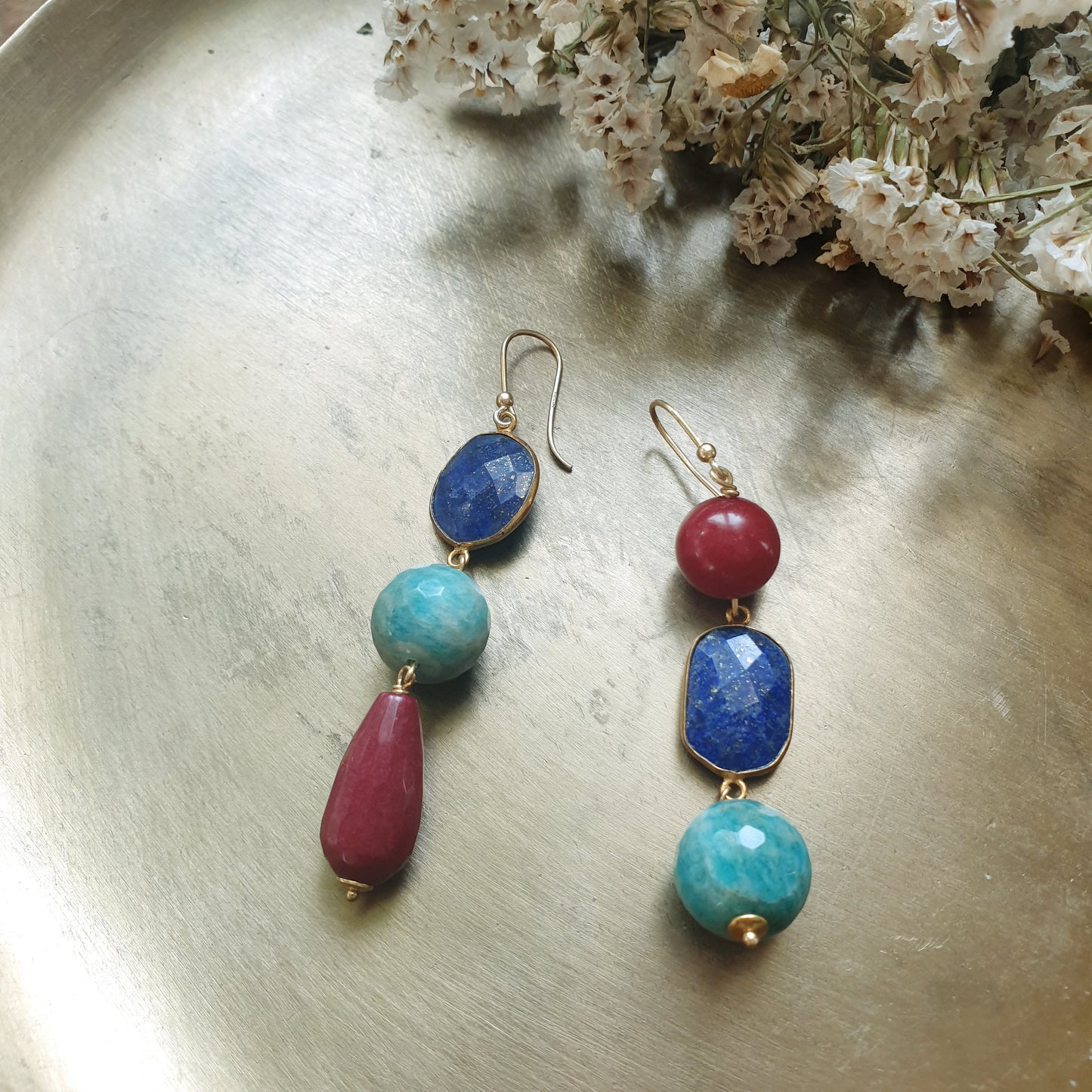 Orecchini  in argento con giada, lapilazzuli, amazzonite.