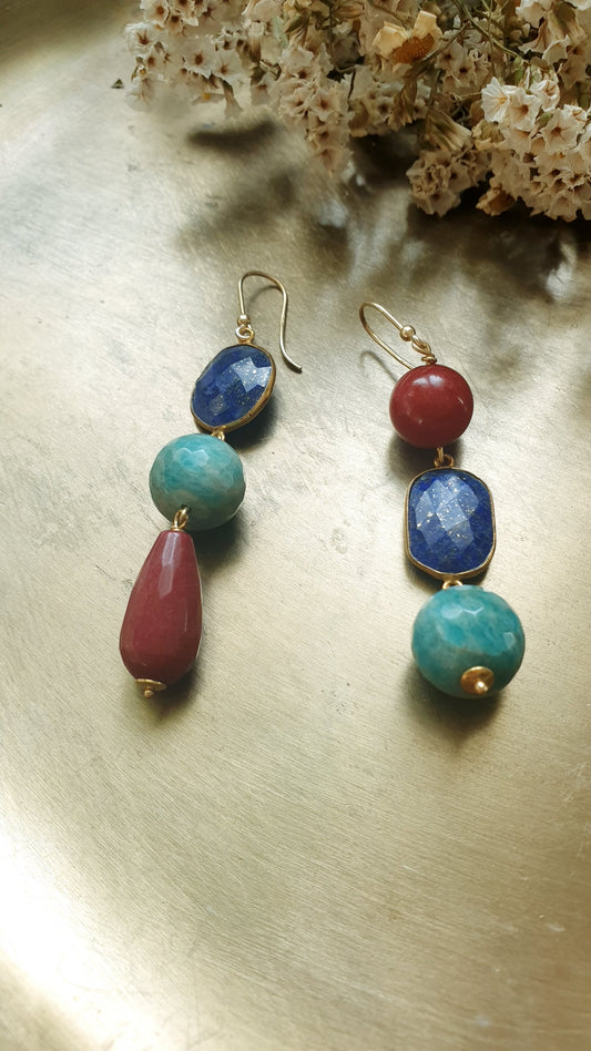 Orecchini  in argento con giada, lapilazzuli, amazzonite.