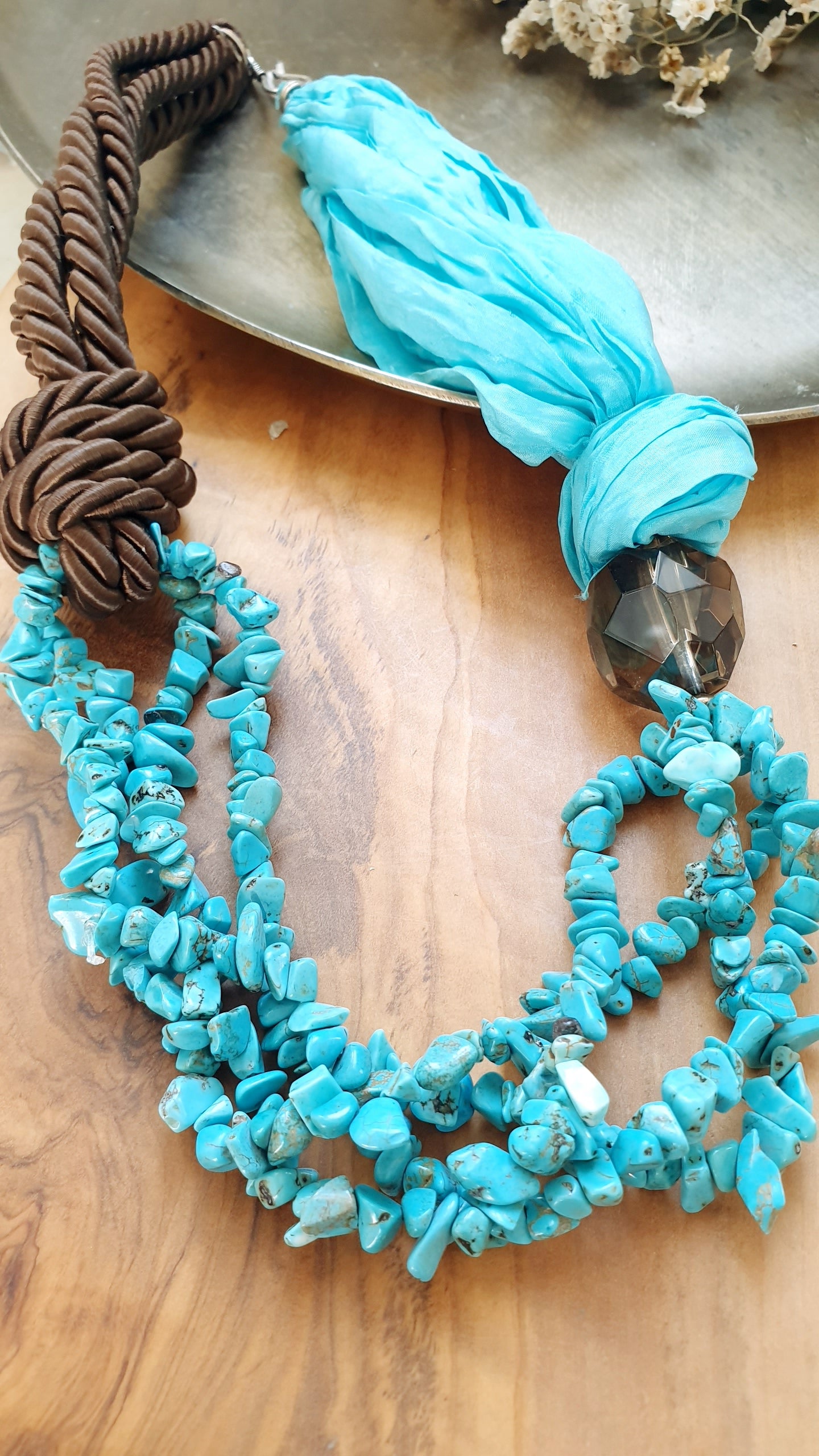 Collana in seta con quarzo fumo e psta di turchese