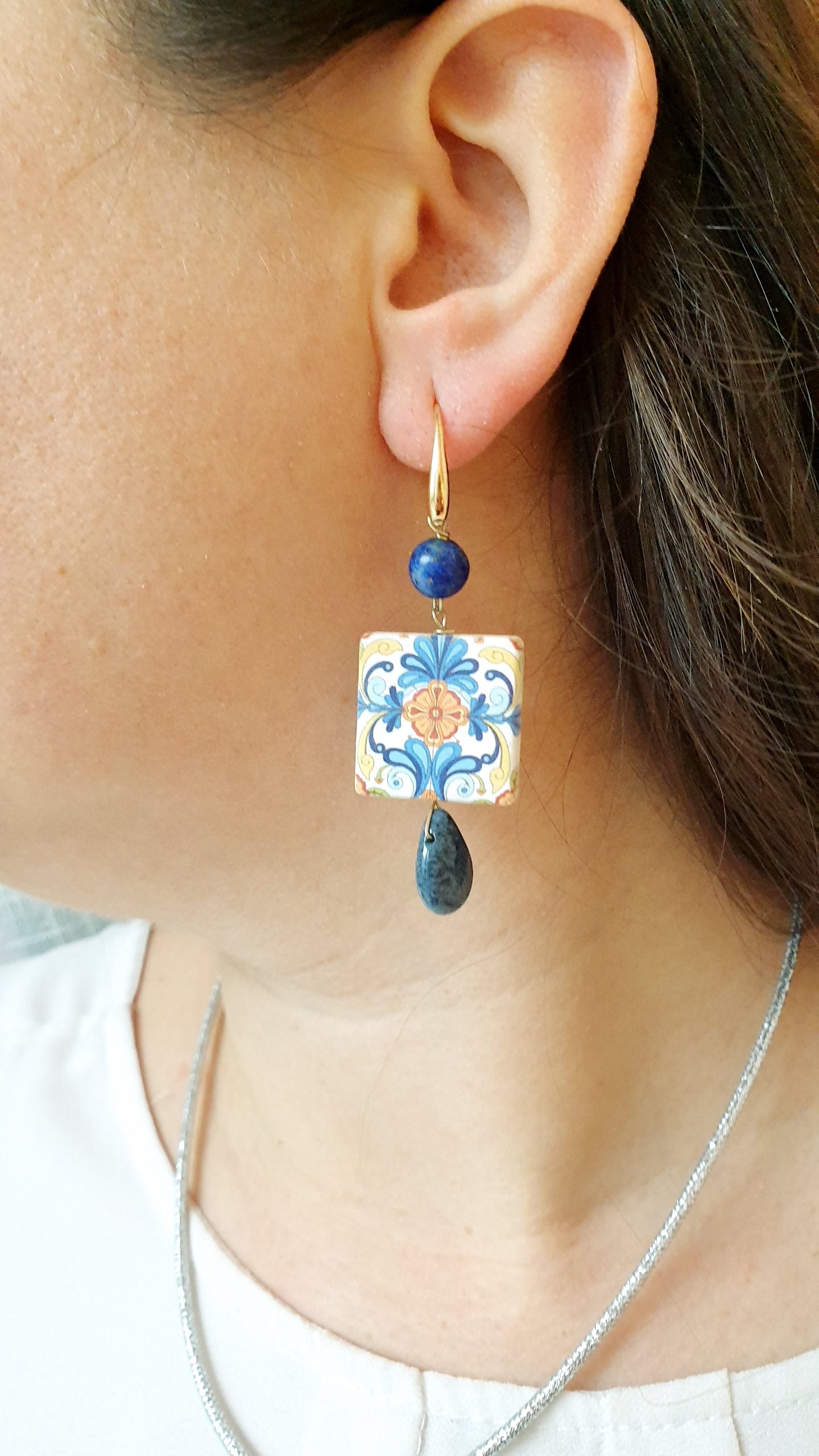 Orecchini in ottone cn ceramica e lapis