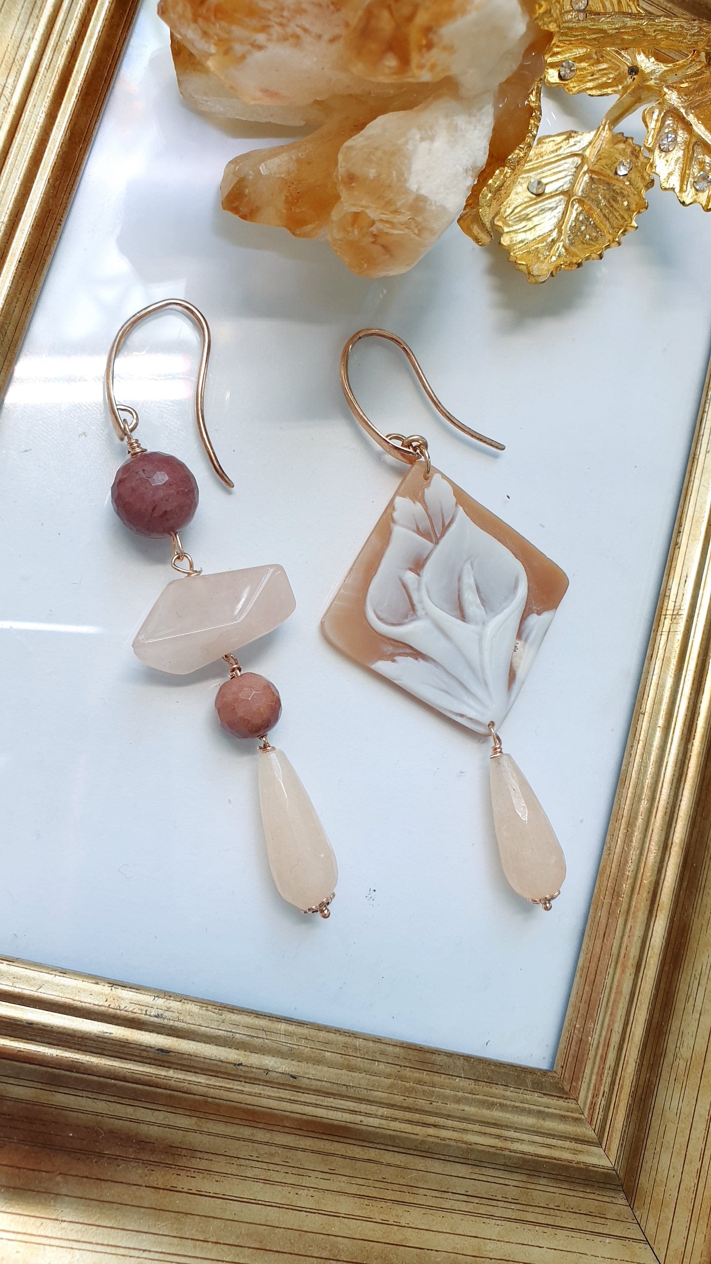Orecchini in argento com cammeo, quarzo rosa, mokaite