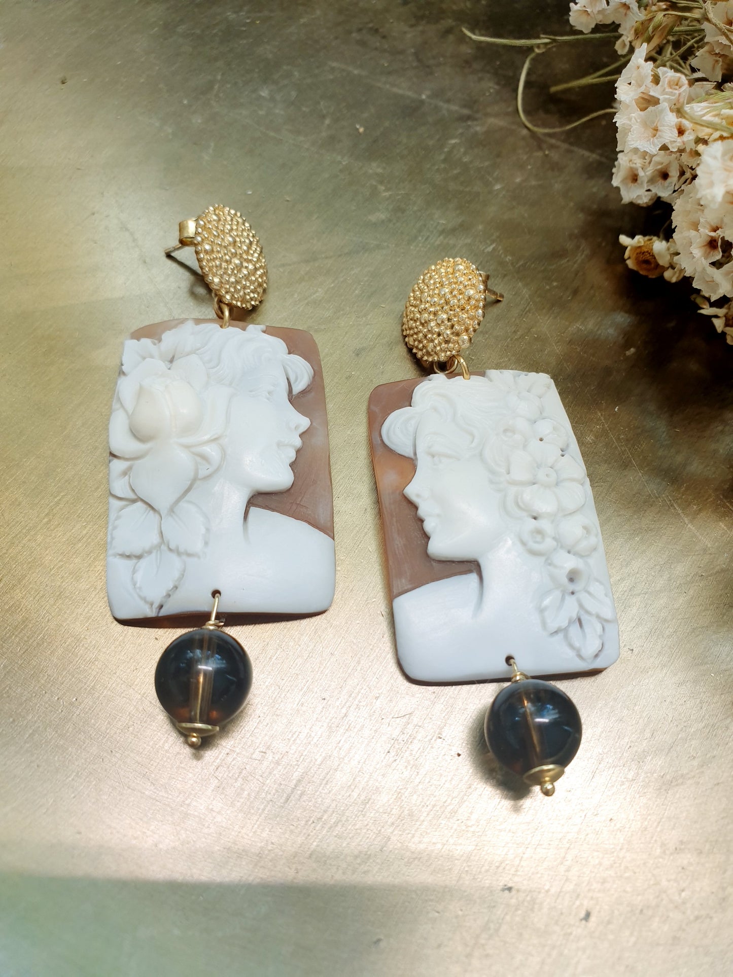 Orecchini in argento con cammei originali e quarzo fumo