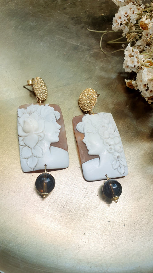 Orecchini in argento con cammei originali e quarzo fumo