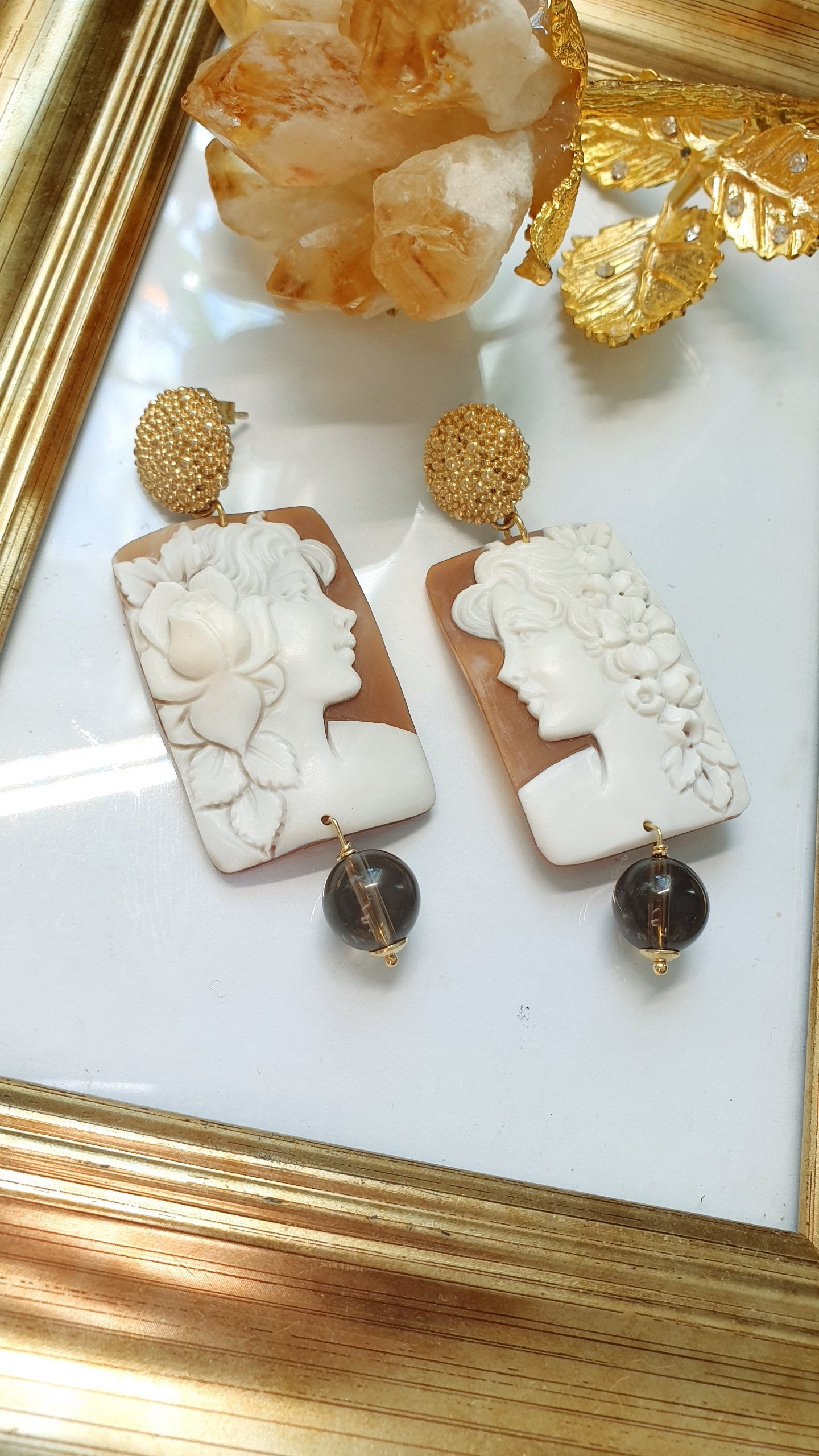 Orecchini in argento con cammei originali e quarzo fumo