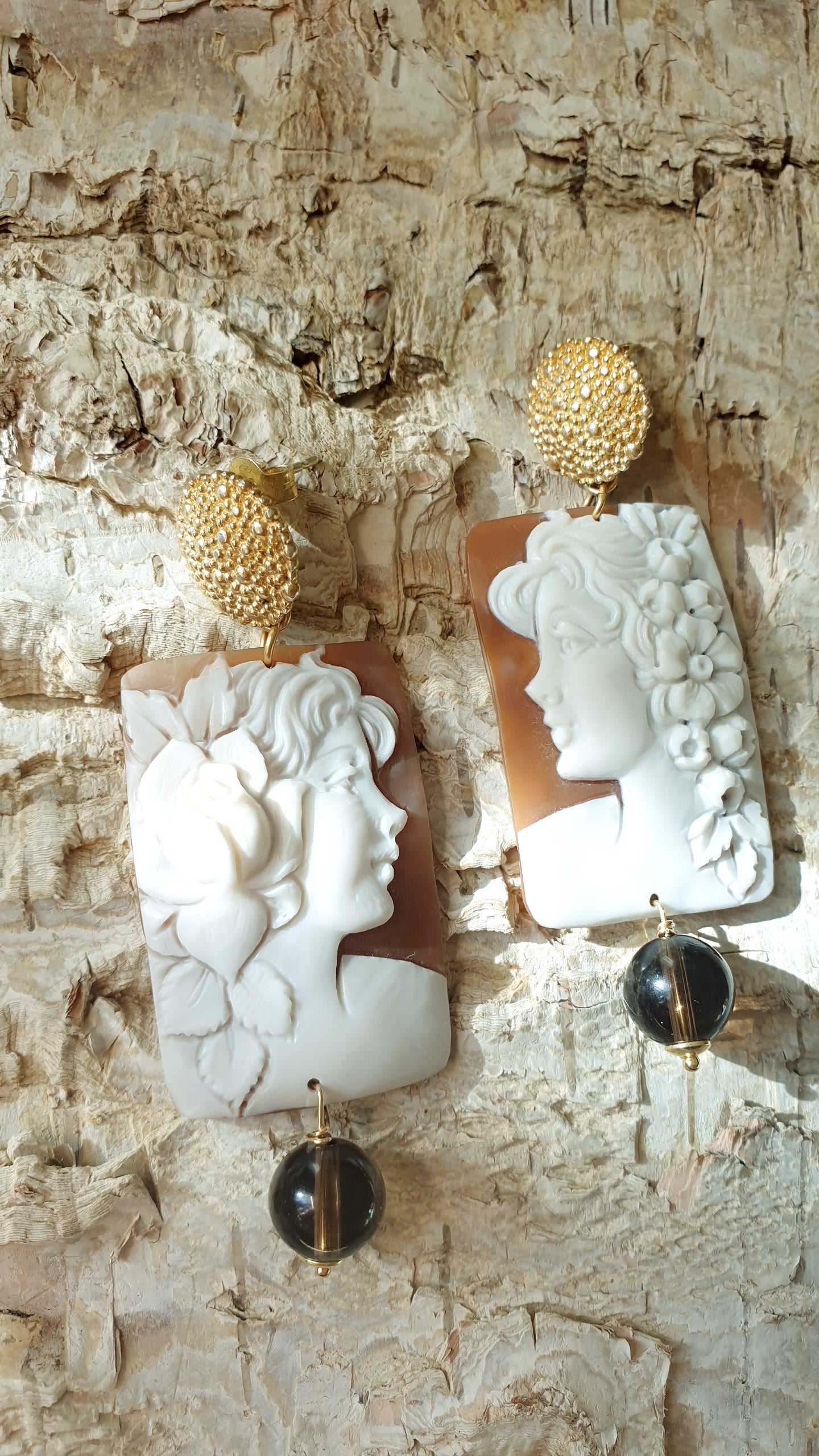 Orecchini in argento con cammei originali e quarzo fumo
