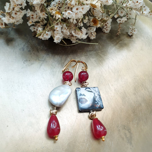 Orecchini in ottone con Ceramica di Caltagirone, pela, giade.
