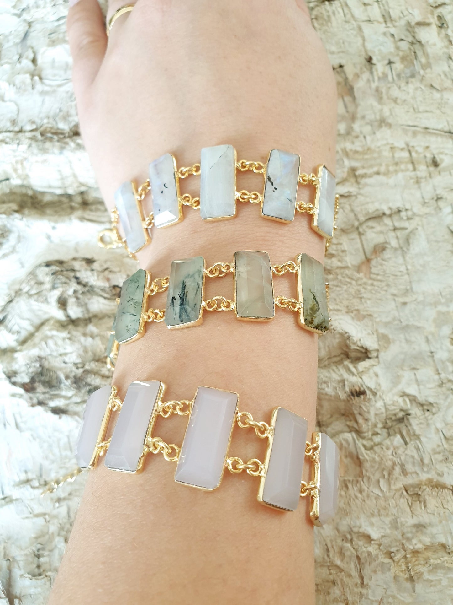 Bracciali in ottone con quarzo rosa e prehnite