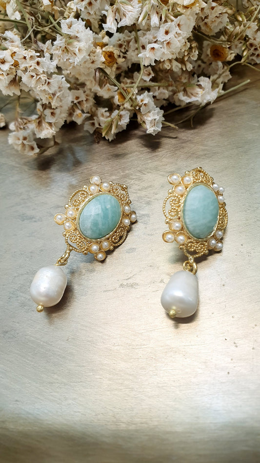 Orecchini In ottone con amazzonite e perle