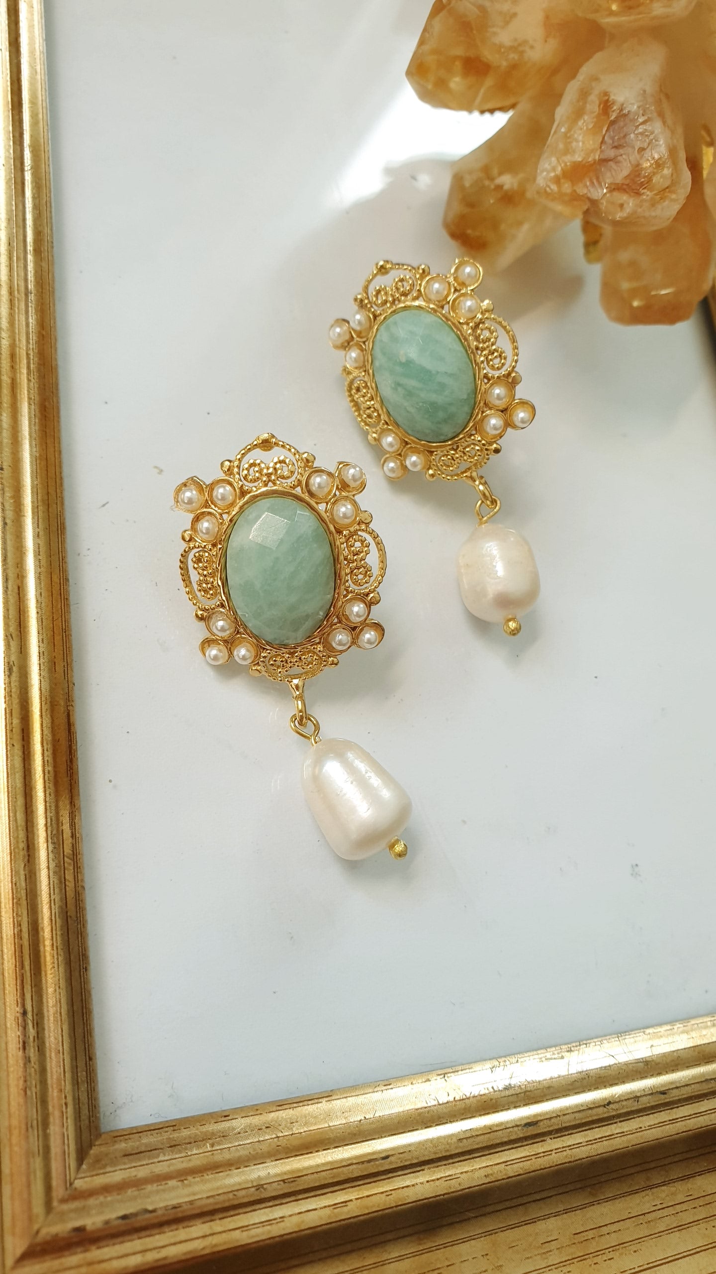 Orecchini In ottone con amazzonite e perle