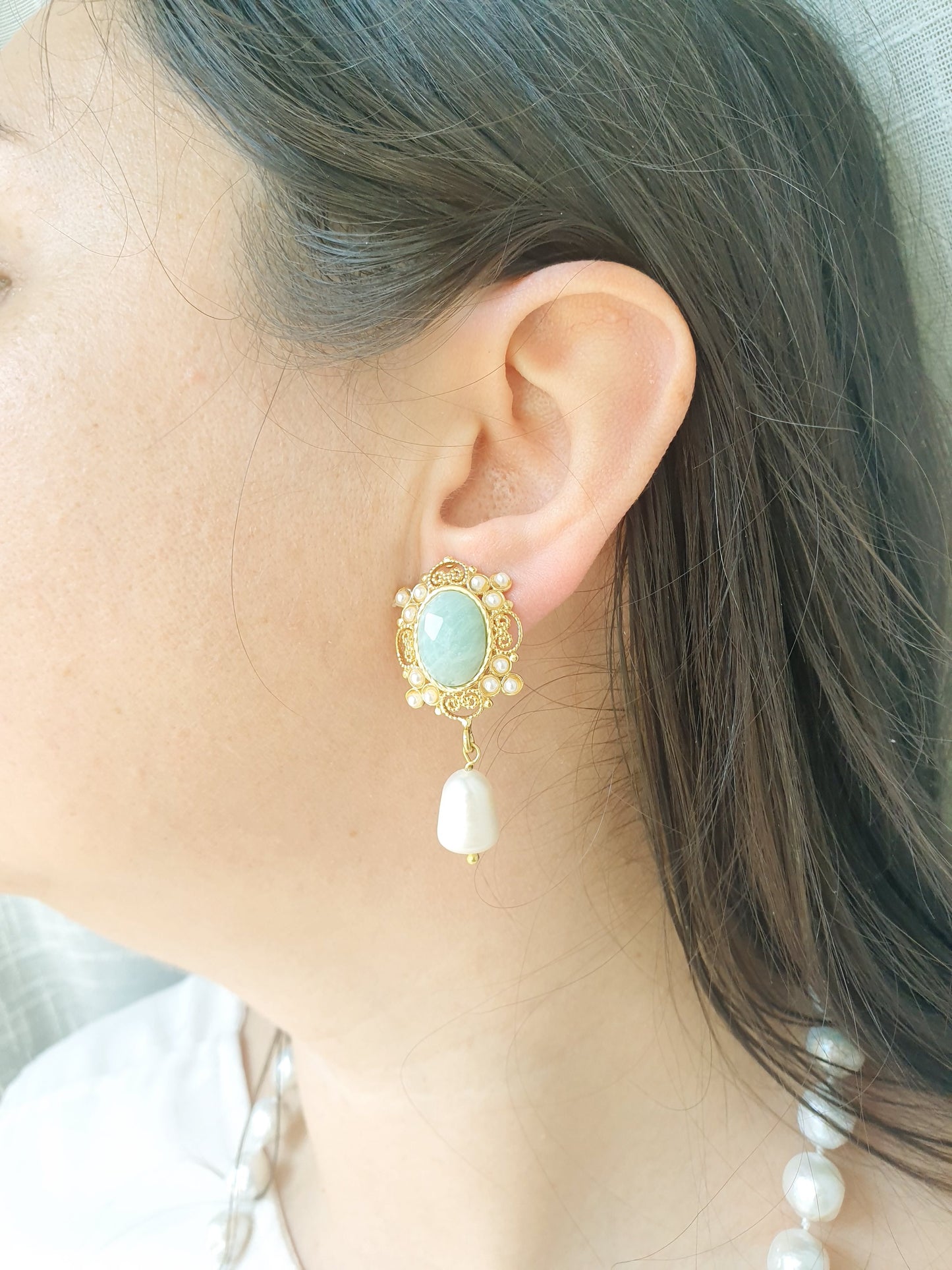 Orecchini In ottone con amazzonite e perle