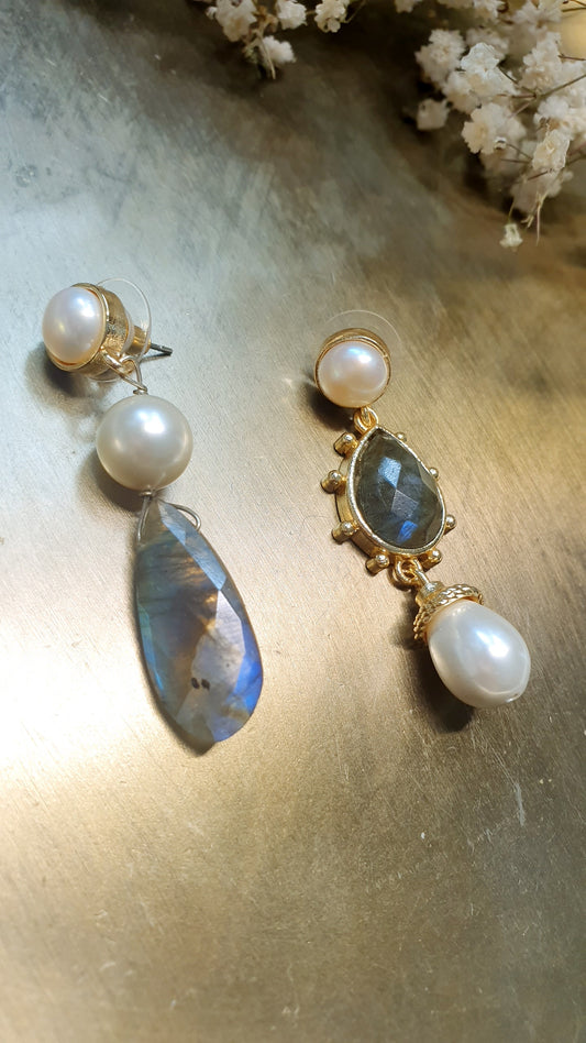 Orecchini in ottone con labradorite e perle