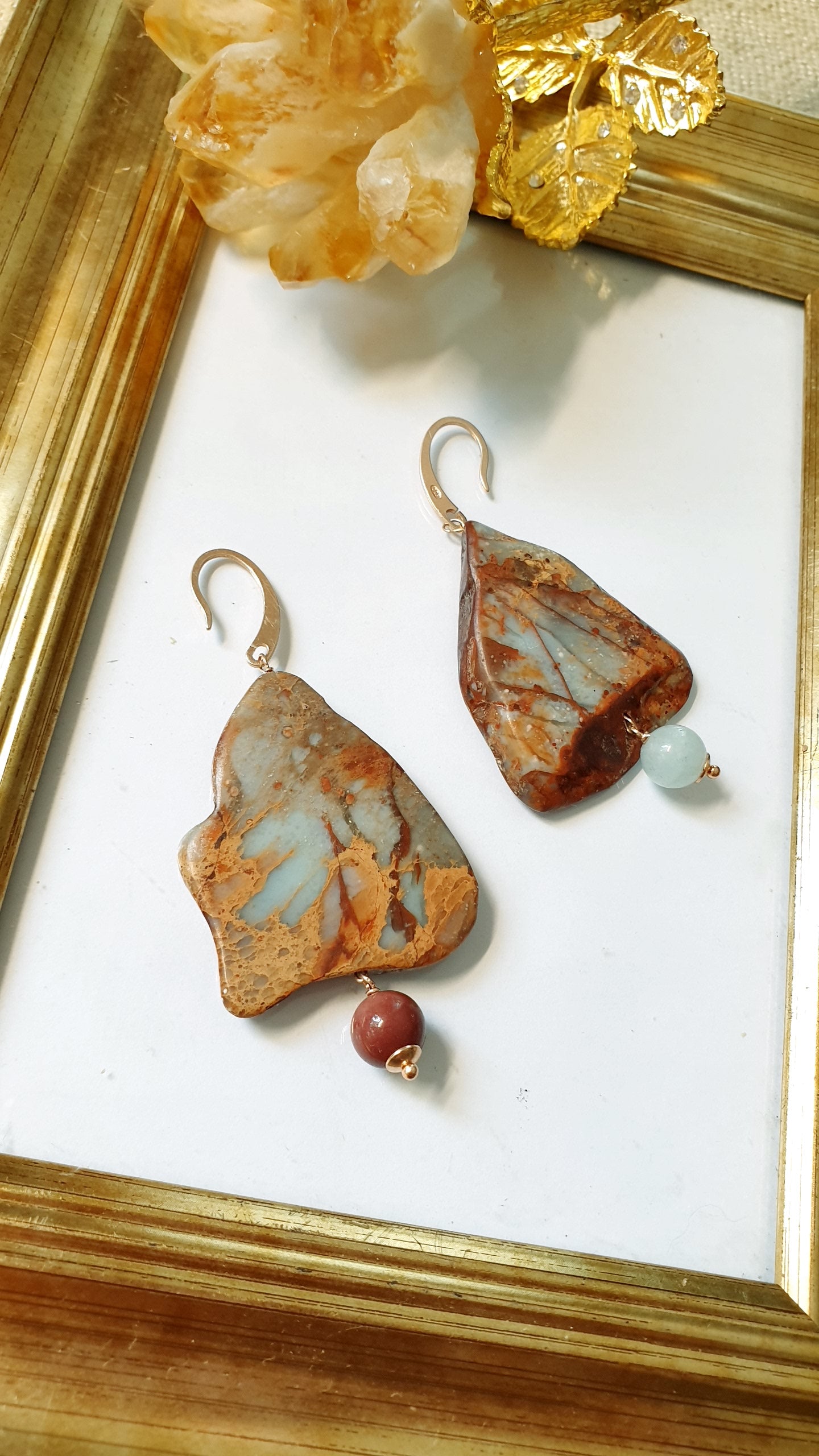 Orecchini di argento con agata terra,mokaite e acquamarina.