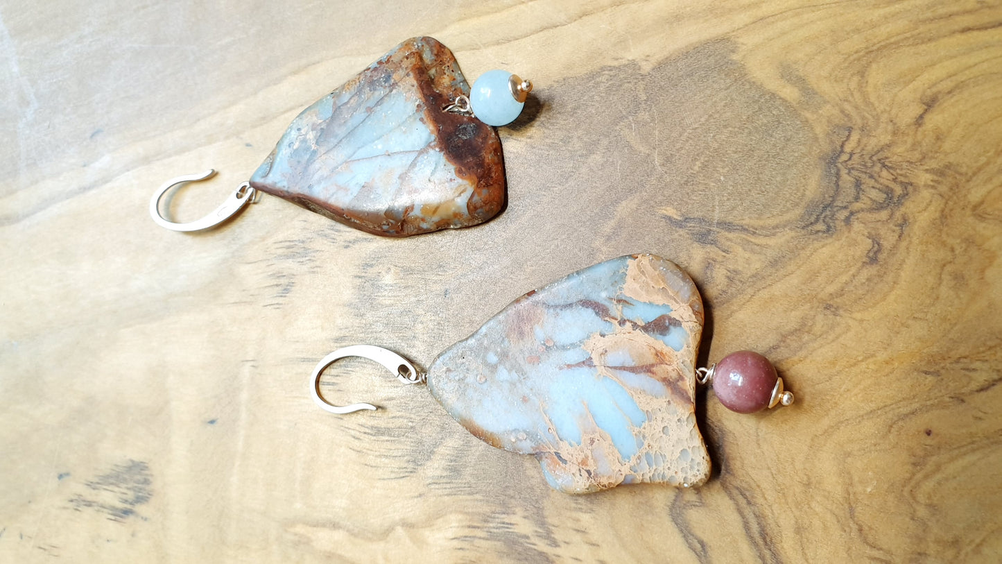 Orecchini di argento con agata terra,mokaite e acquamarina.