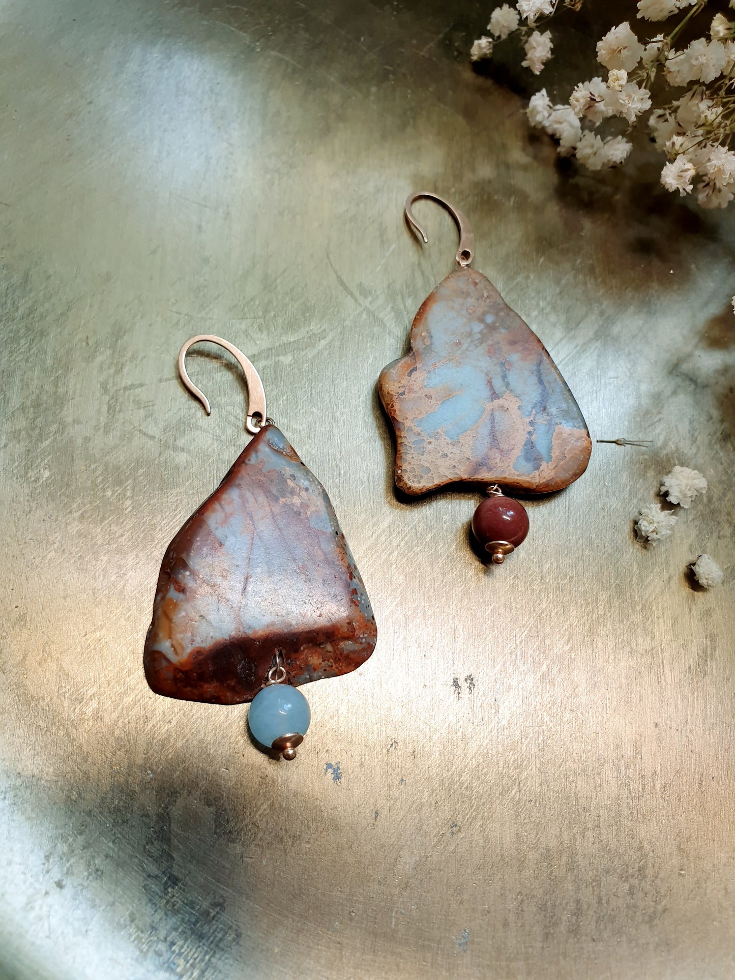 Orecchini di argento con agata terra,mokaite e acquamarina.