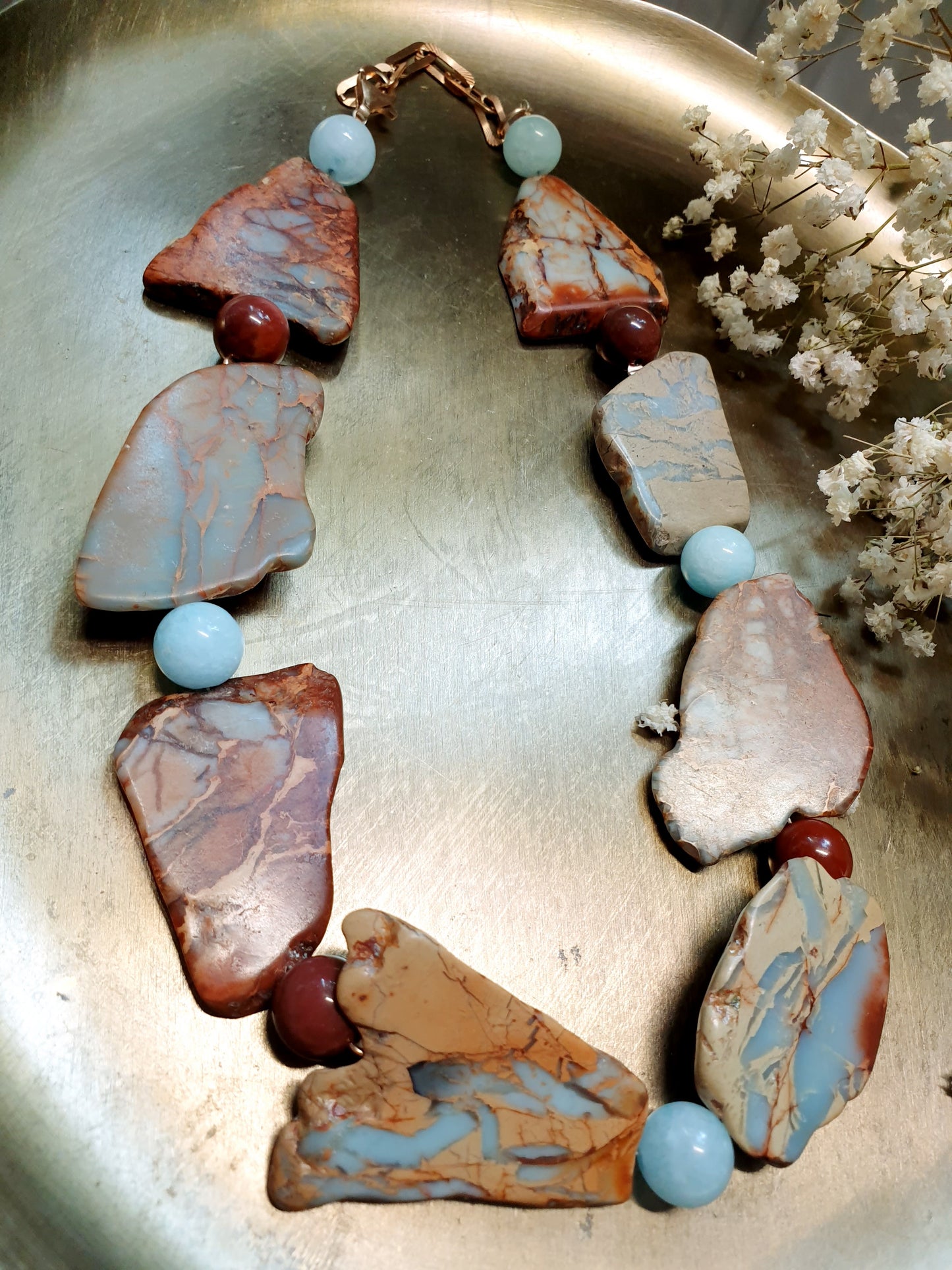 Collana di agata  terra con acquamarina e mokaite