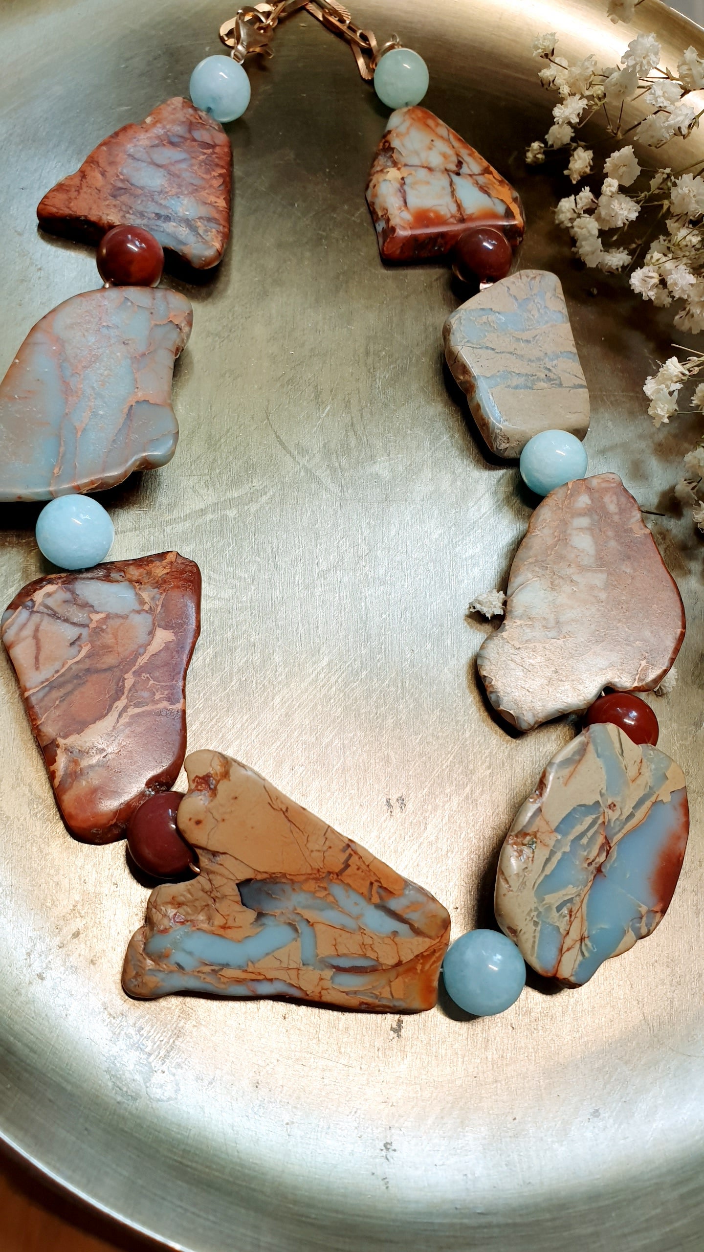 Collana di agata  terra con acquamarina e mokaite