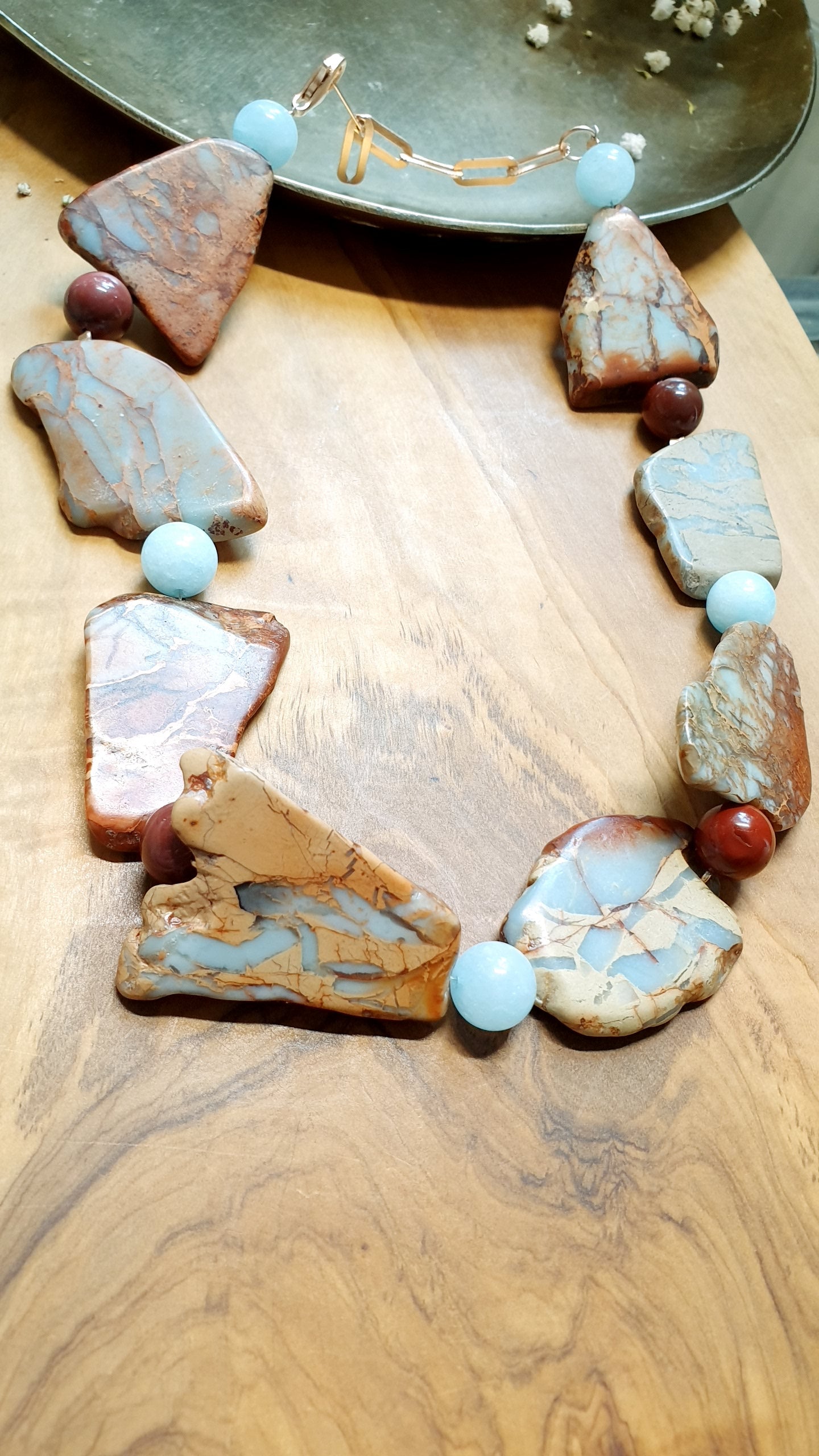 Collana di agata  terra con acquamarina e mokaite
