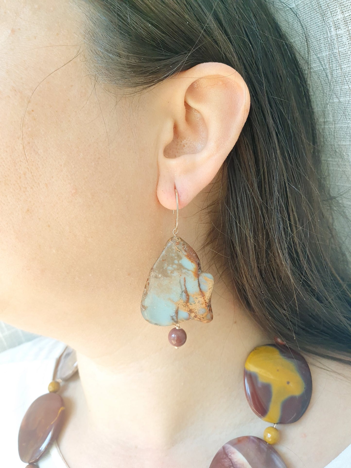 Orecchini di argento con agata terra,mokaite e acquamarina.