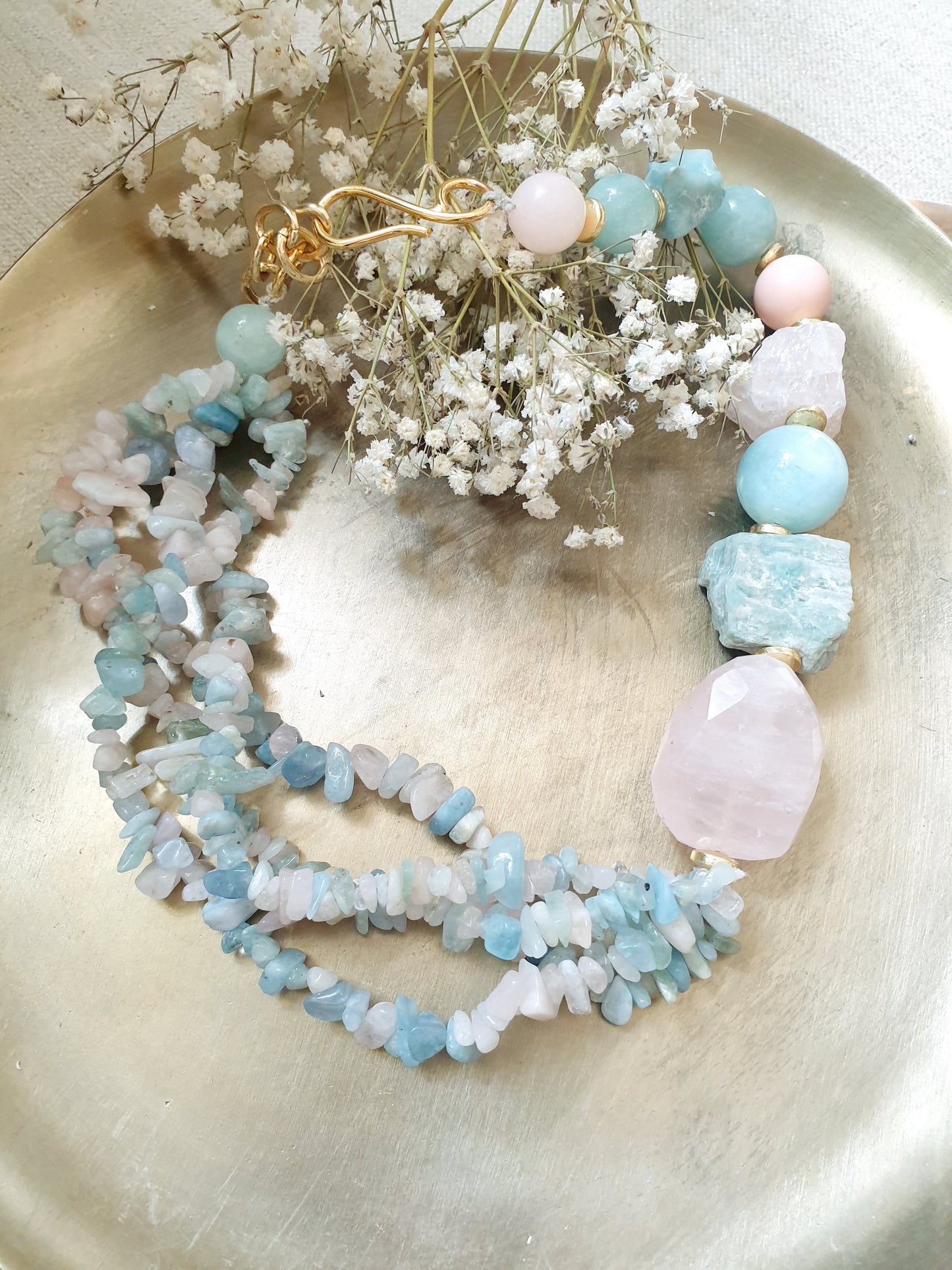 Girocollo con acquamarina, quarzo rosa,  morganite, amazzonite