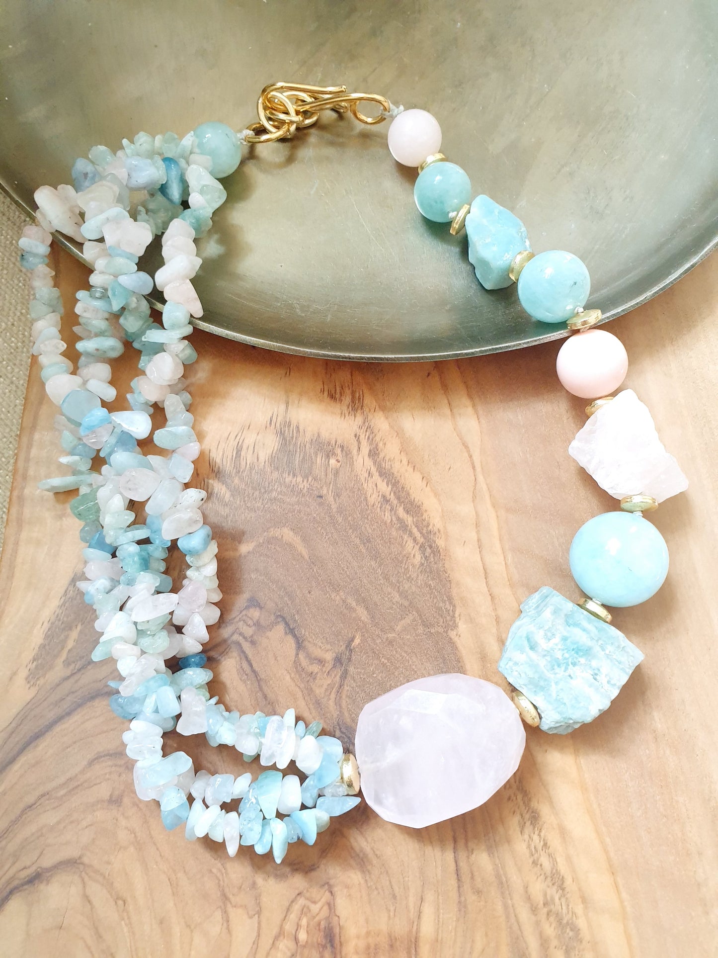 Girocollo con acquamarina, quarzo rosa,  morganite, amazzonite