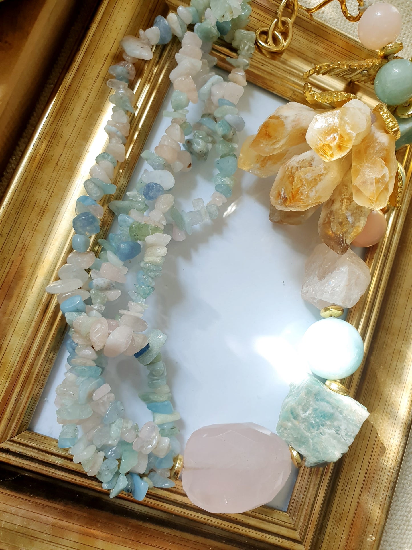 Girocollo con acquamarina, quarzo rosa,  morganite, amazzonite
