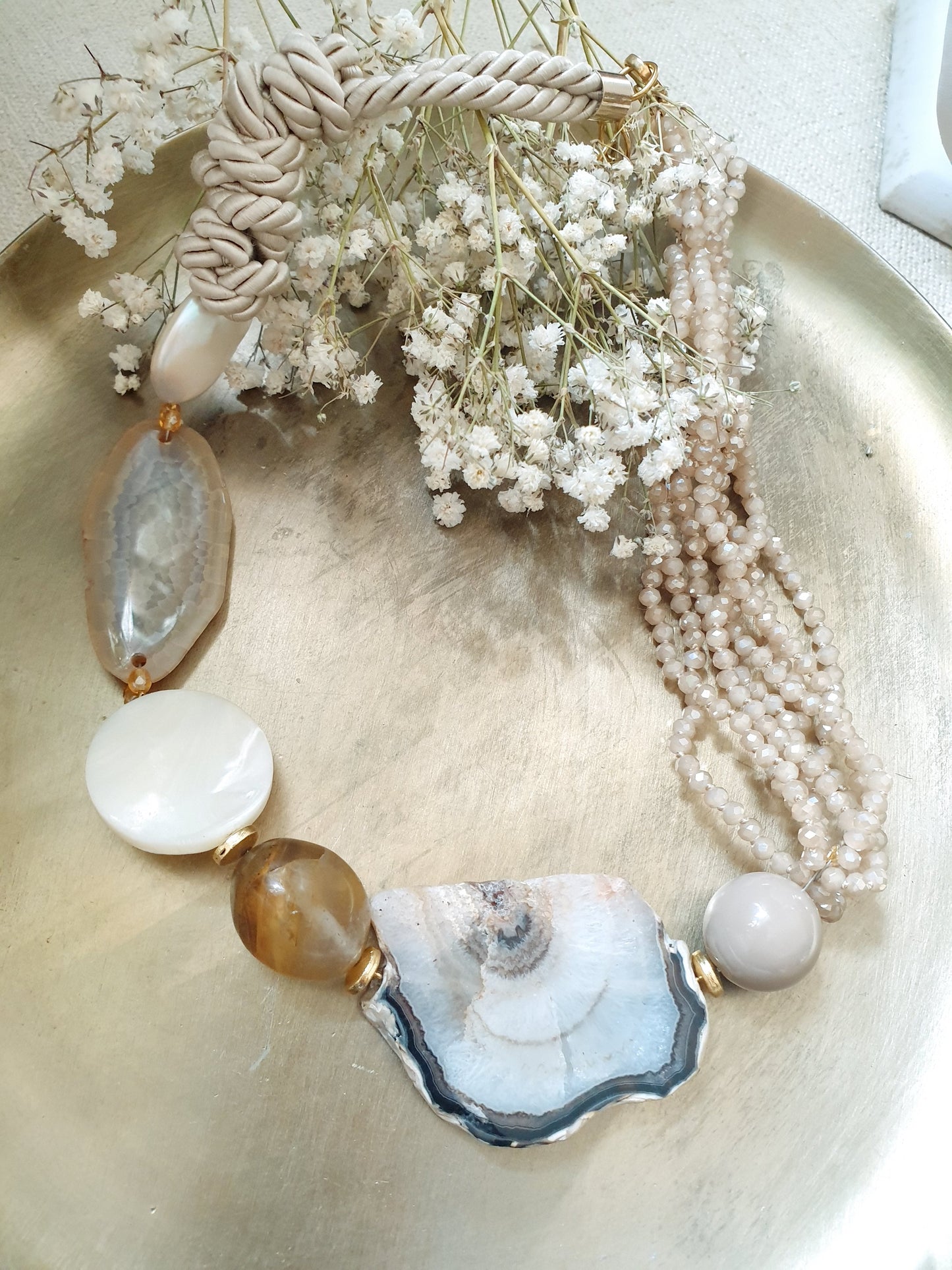 Collana agata, perla. quarzo, seta