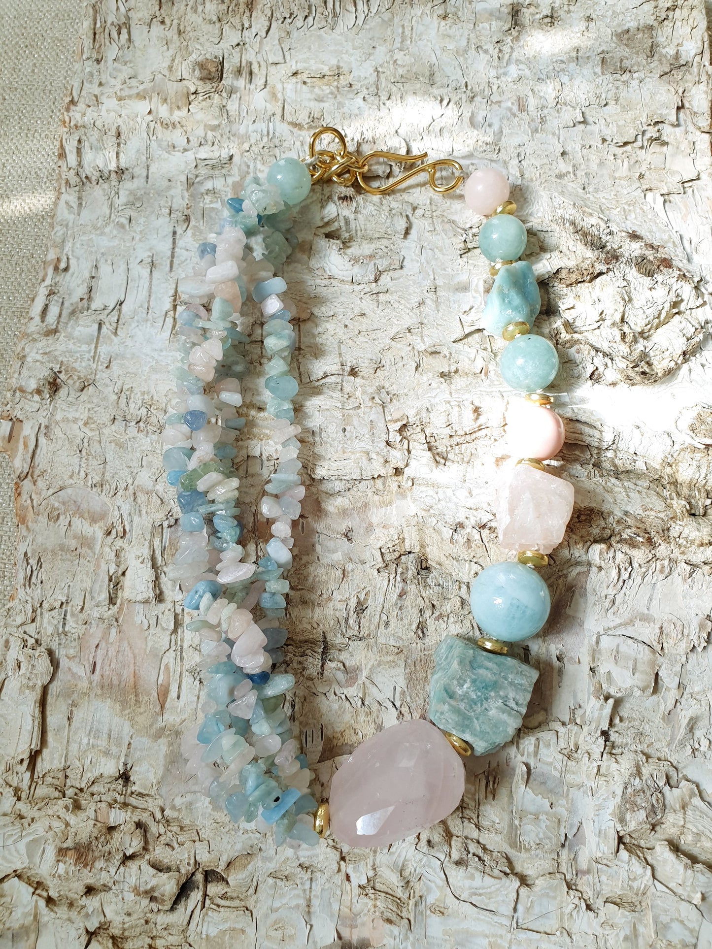 Girocollo con acquamarina, quarzo rosa,  morganite, amazzonite