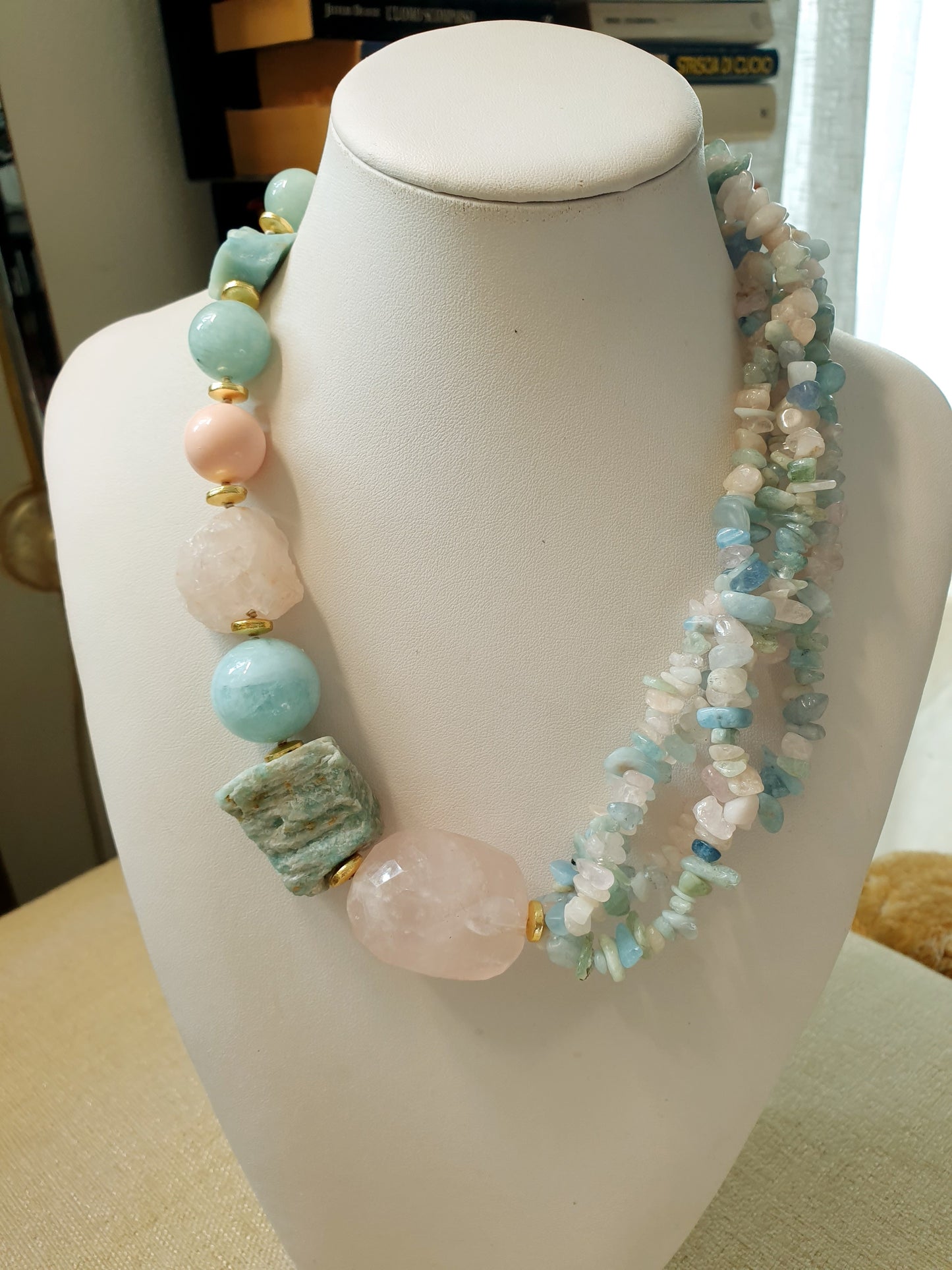 Girocollo con acquamarina, quarzo rosa,  morganite, amazzonite