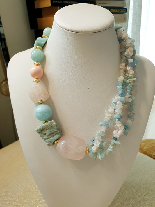 Girocollo con acquamarina, quarzo rosa,  morganite, amazzonite
