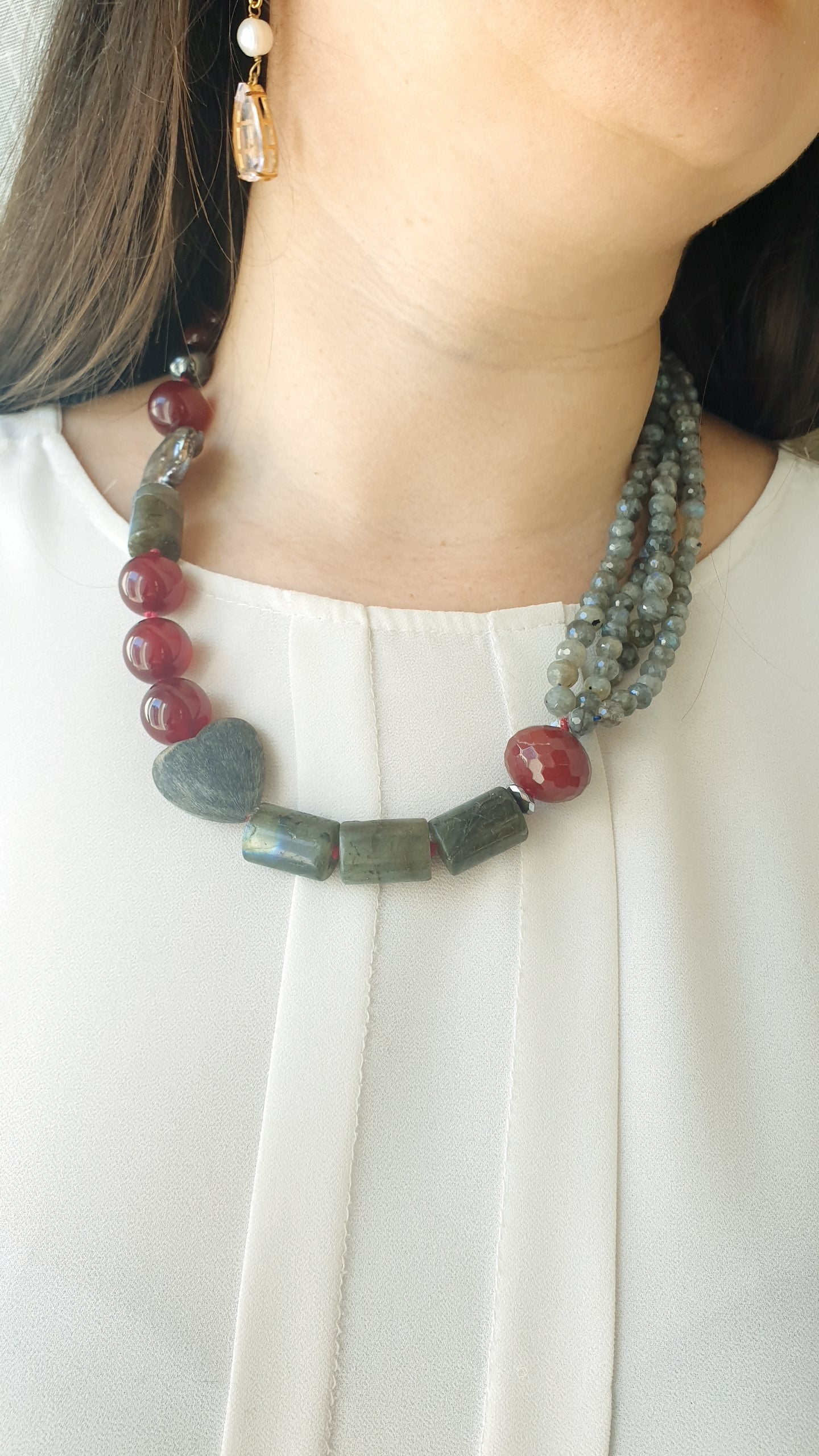Girocollo con labradorite, giada,agata, radice di rubino