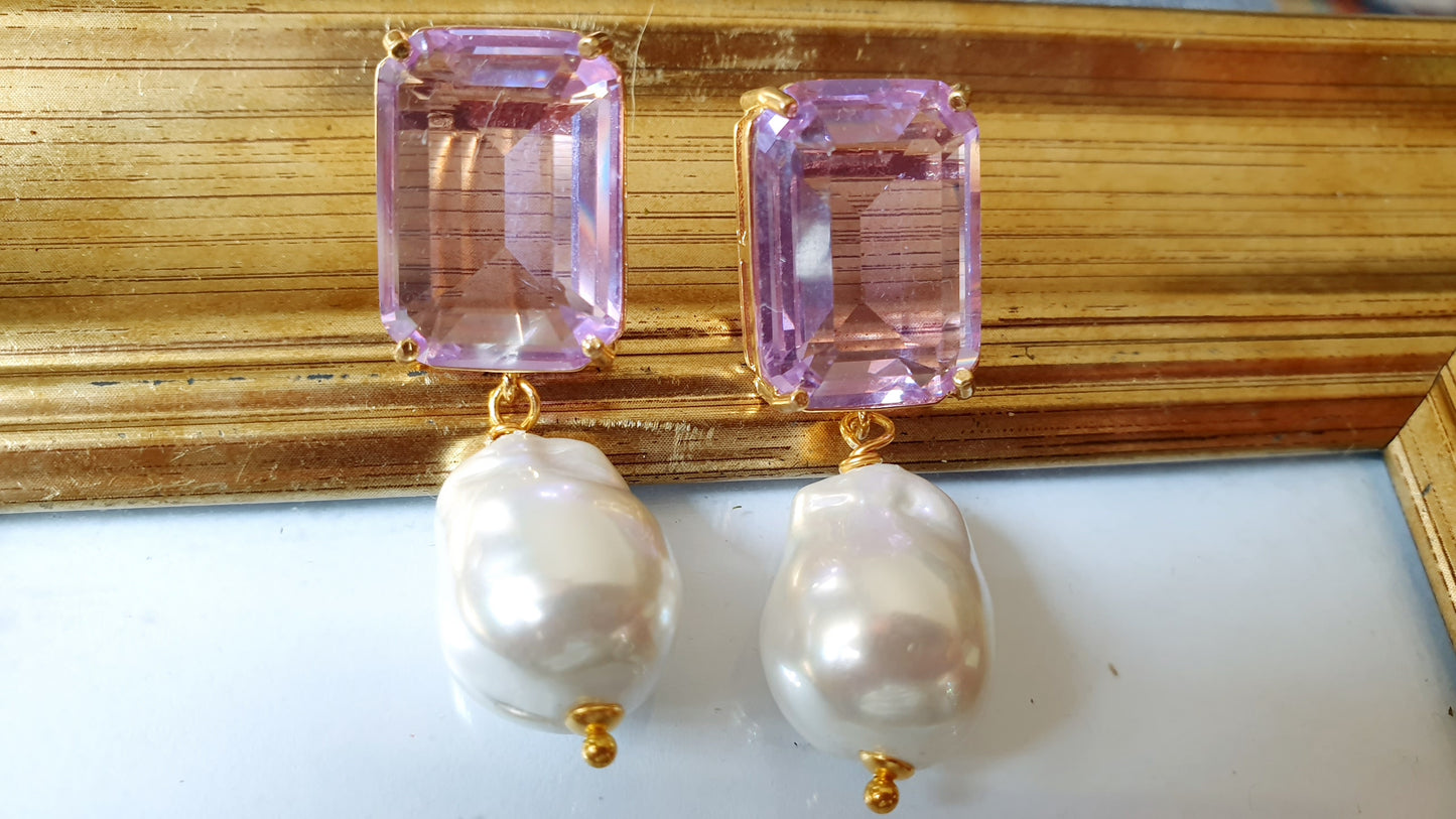 Orecchini in  ottone con cristalli e perle